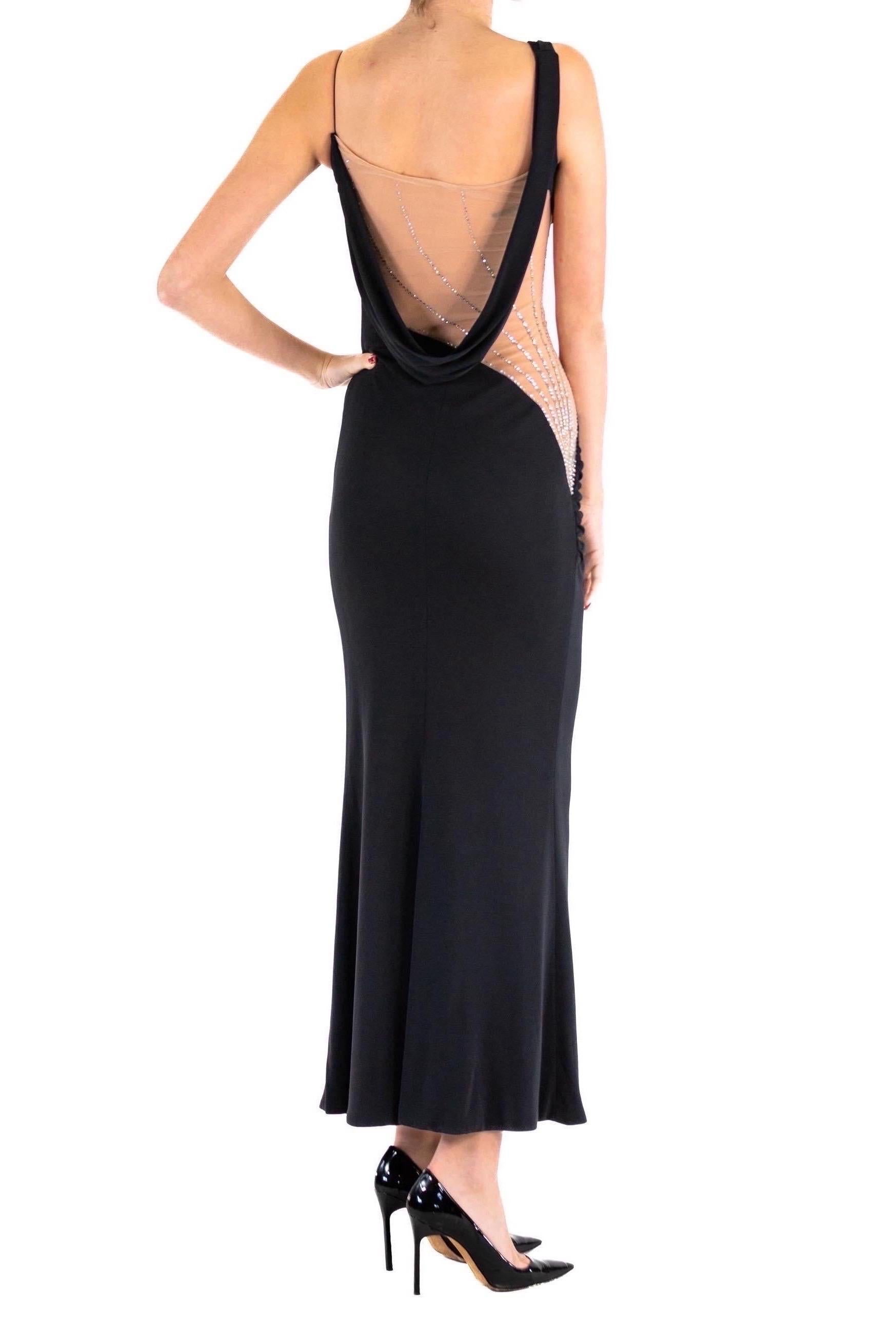 2000S JIKI Black Slinky Rayon Jersey One Shoulder Gown With Crystal Studded Nud For Sale 1