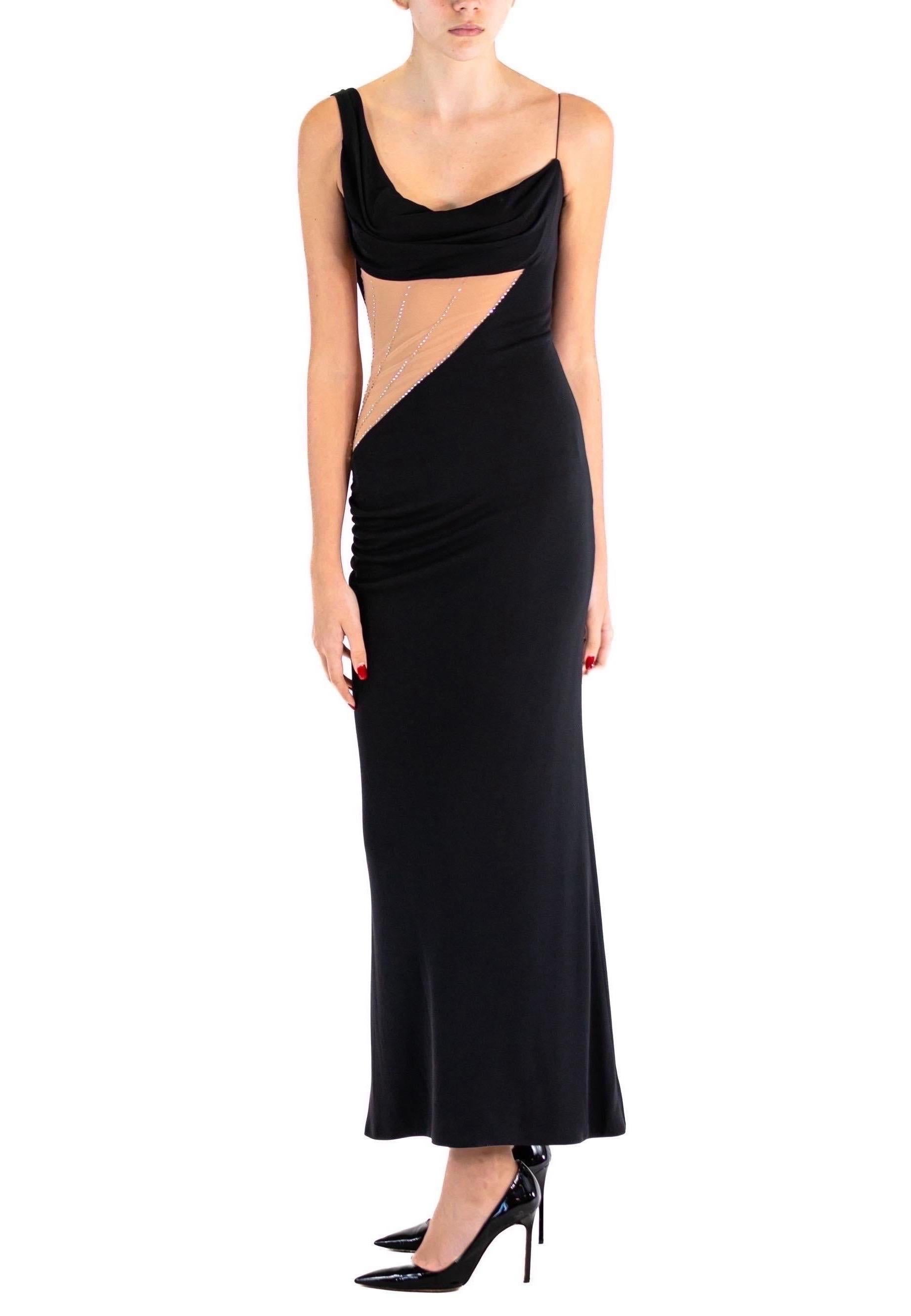 2000S JIKI Black Slinky Rayon Jersey One Shoulder Gown With Crystal Studded Nud For Sale 2