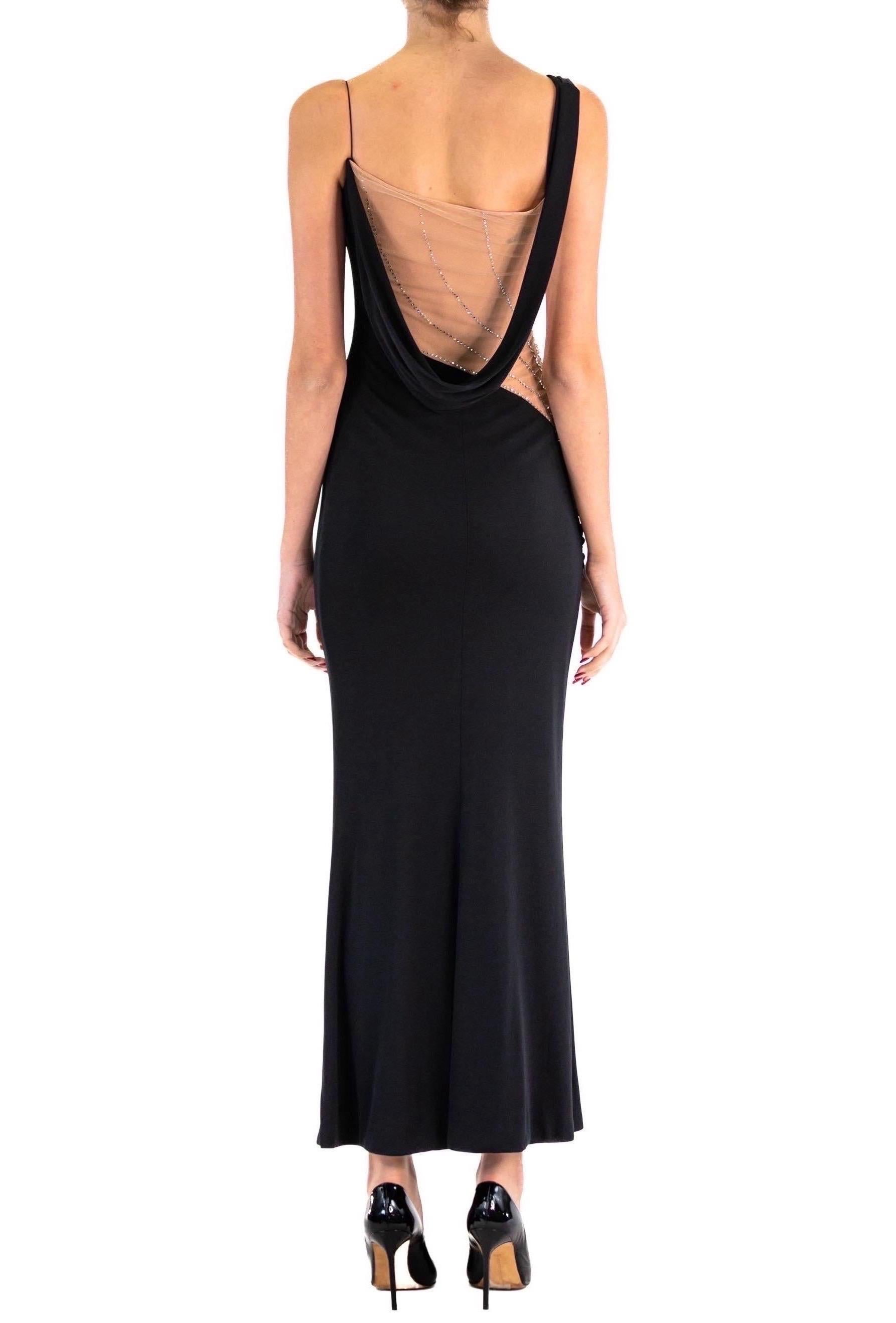 2000S JIKI Black Slinky Rayon Jersey One Shoulder Gown With Crystal Studded Nud For Sale 4
