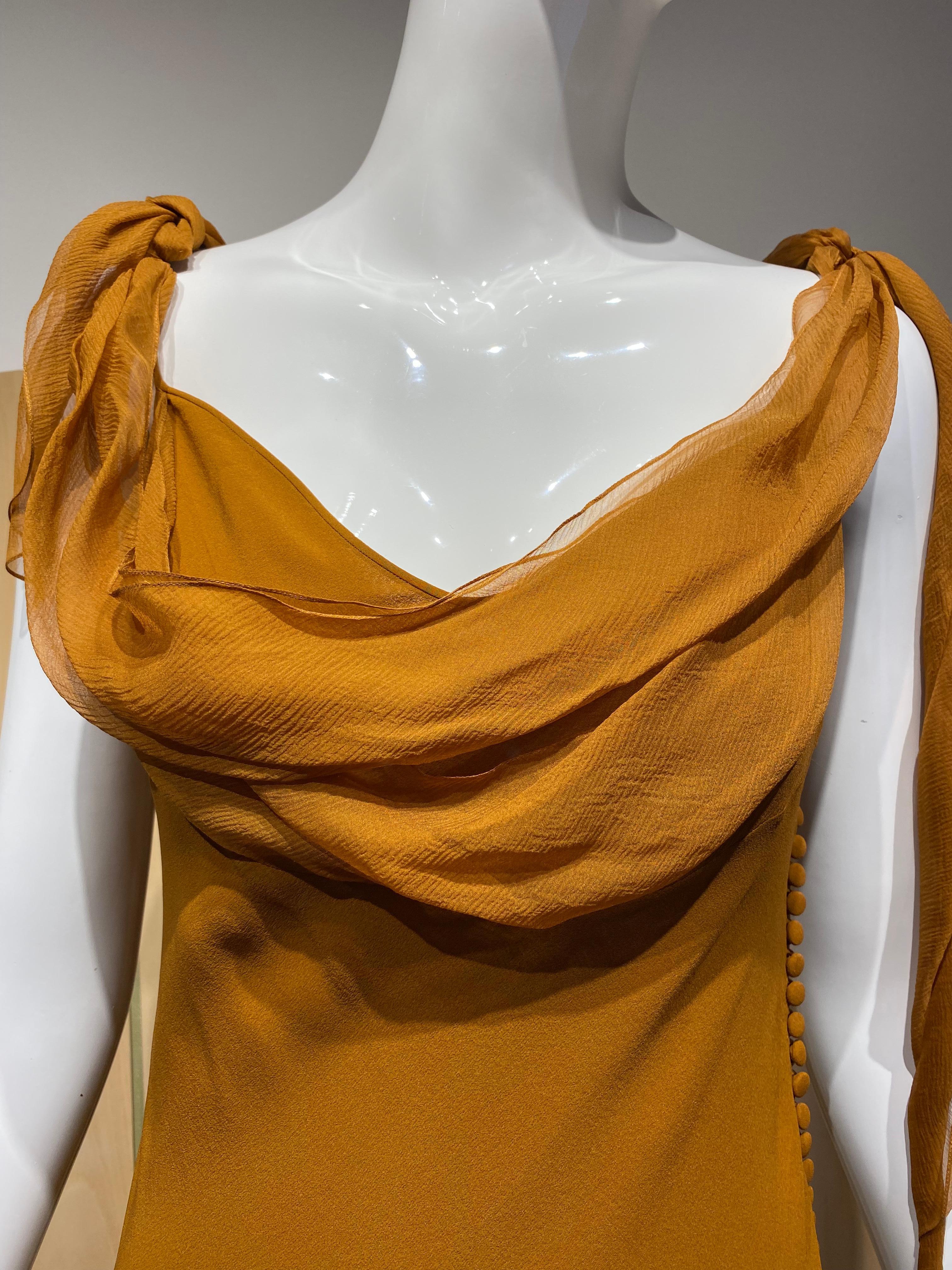 Vintage John Galliano Silk Chiffon Bias Cut gown in beautiful amber color. 
Size fit size 2/4/6/8 ( see measurement below)
Mannequin is size 2

Bust : 34-36” waist : 34-36 “/ hip 39”/ dress length : 60”
