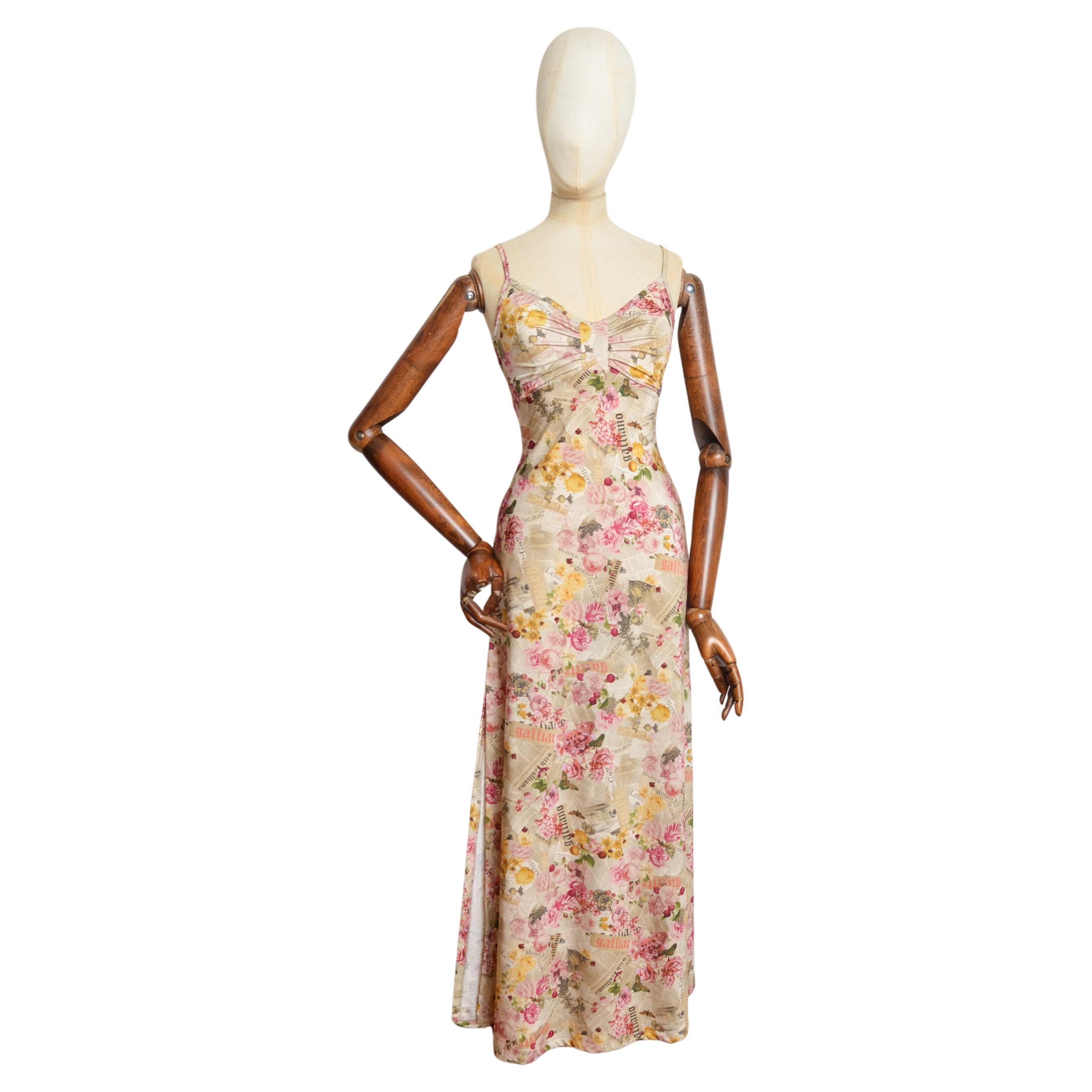 I Galliano 2000s Antique Newspaper print floral Gazette Maxi Slip Dress