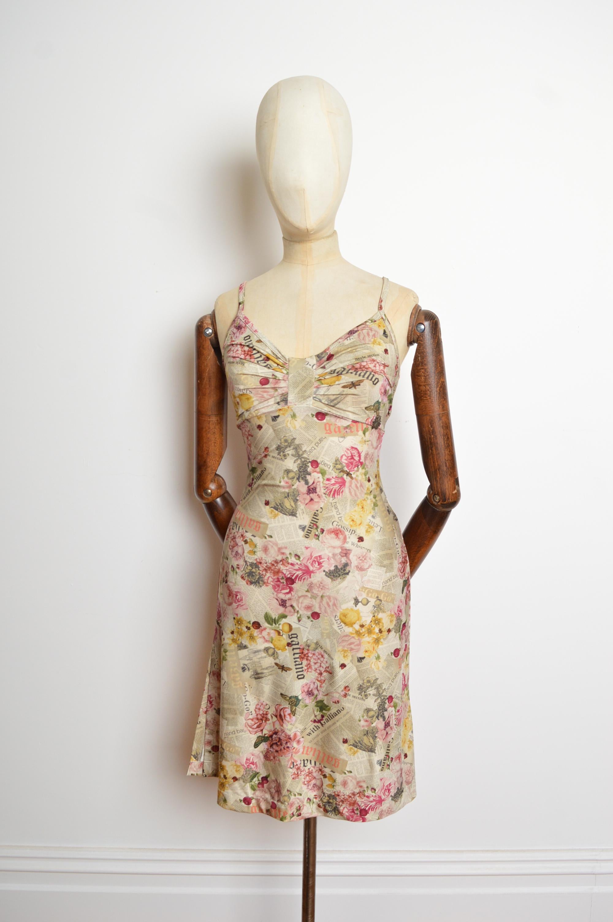 Beige 2000's John Galliano Antique Newspaper print floral Gazette patterned Slip Dress For Sale