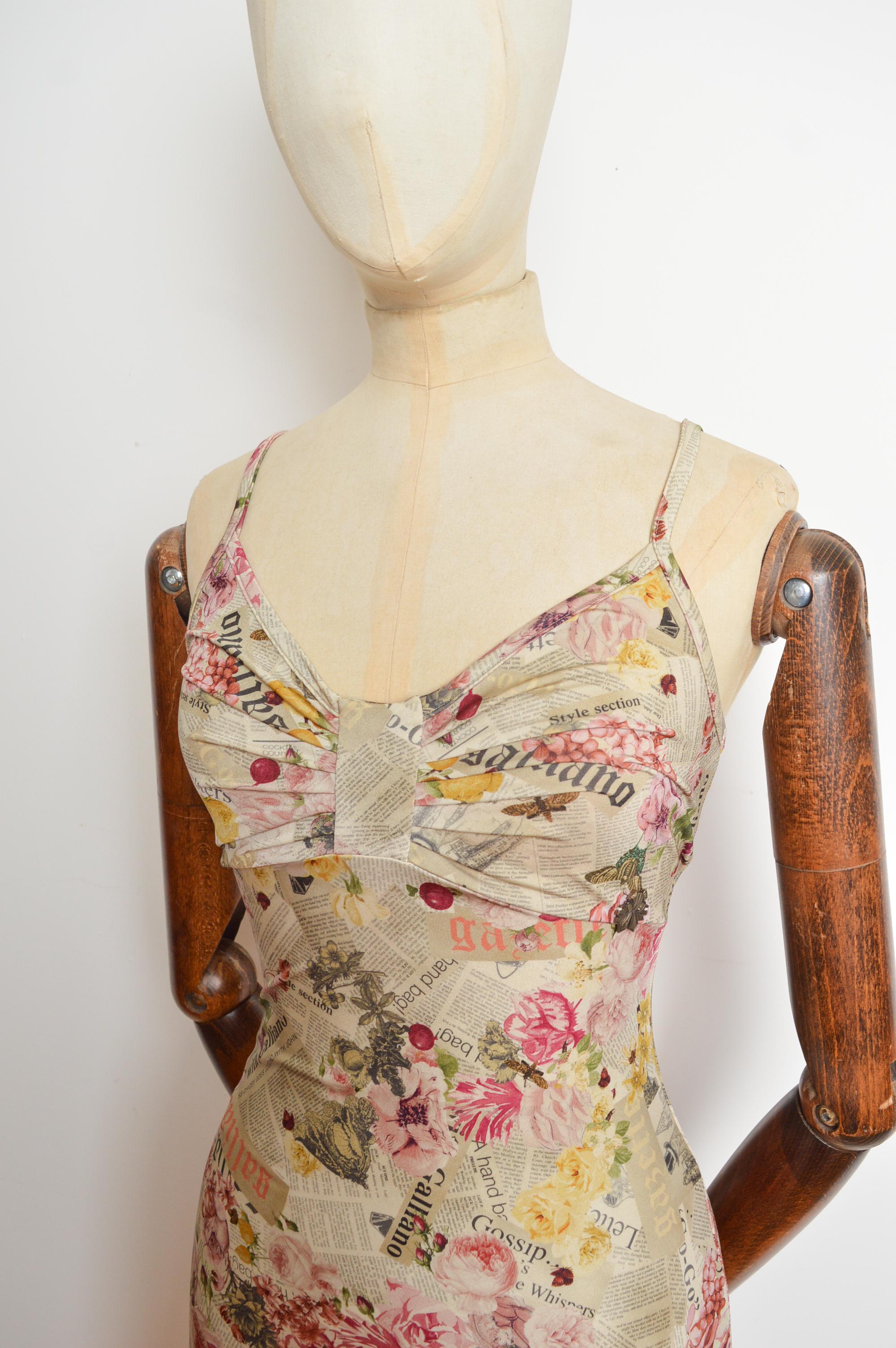2000's John Galliano Antique Newspaper print floral Gazette patterned Slip Dress For Sale 2
