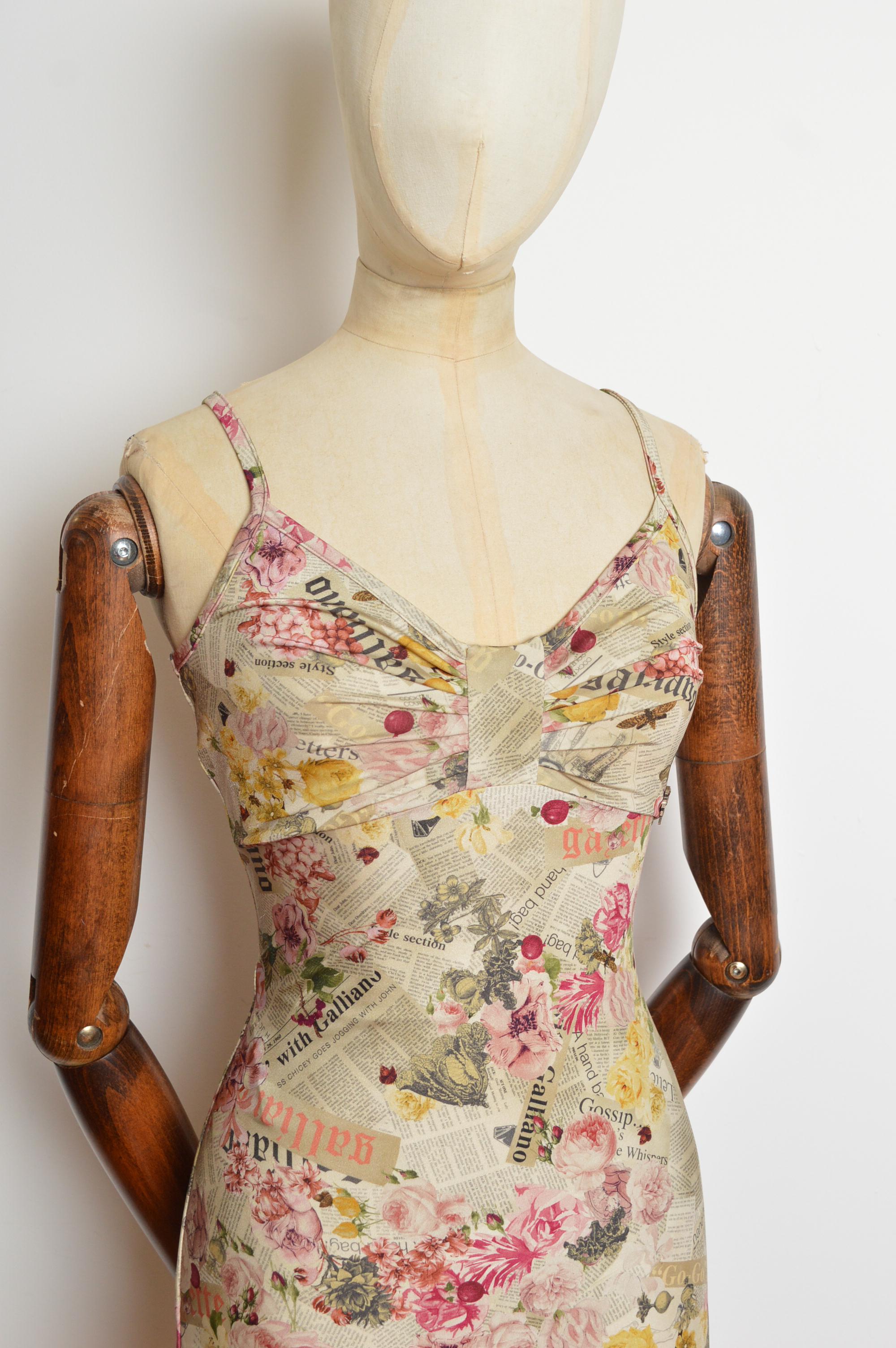 2000's John Galliano Antique Newspaper print floral Gazette patterned Slip Dress For Sale 4