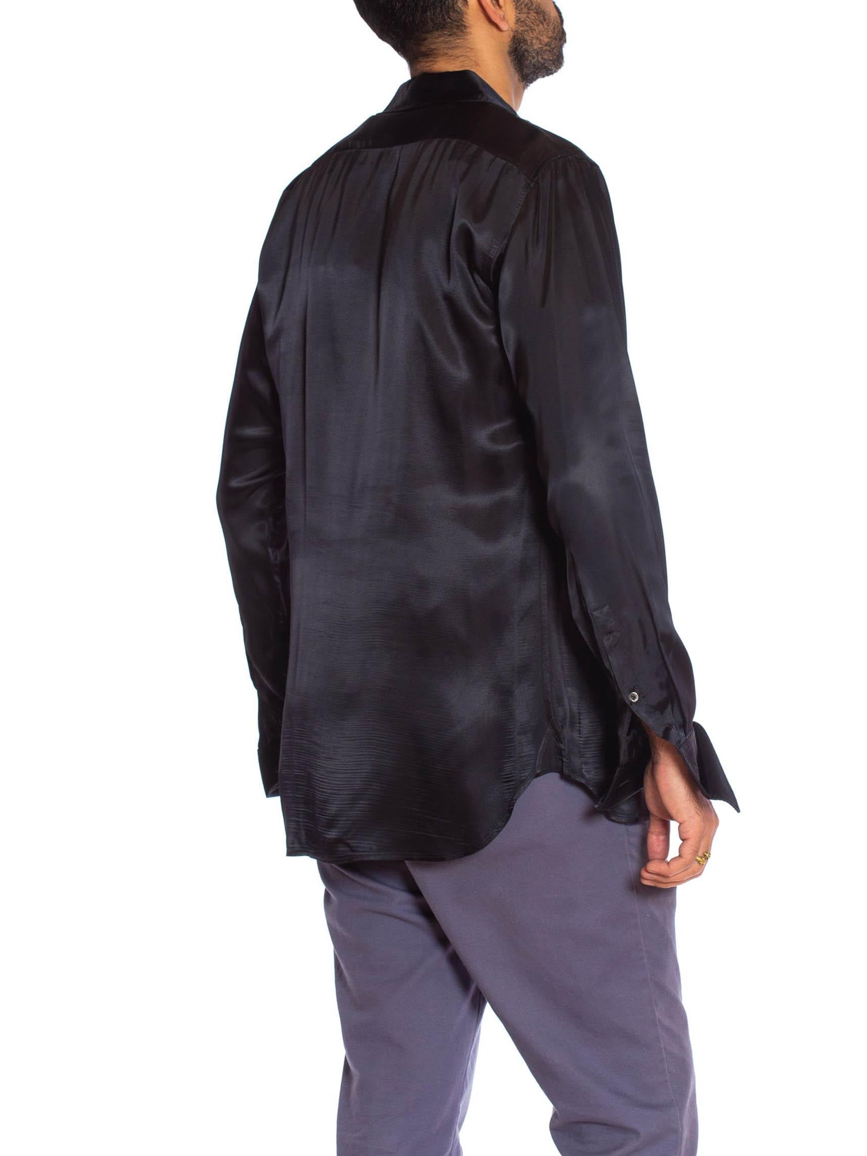 Men's 2000S JOHN GALLIANO Black Rayon Satin Formal Tuxedo Shirt With French Cuffs
