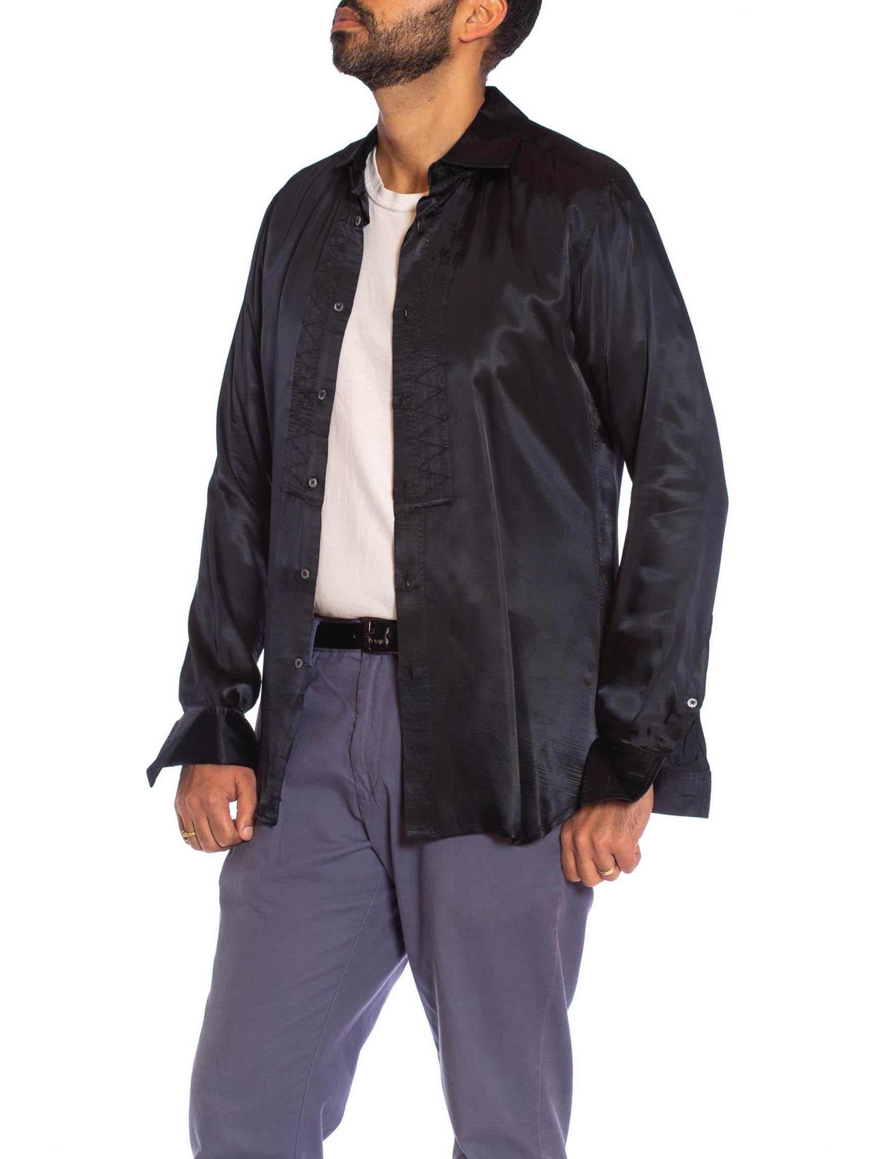 2000S JOHN GALLIANO Black Rayon Satin Formal Tuxedo Shirt With French Cuffs 1