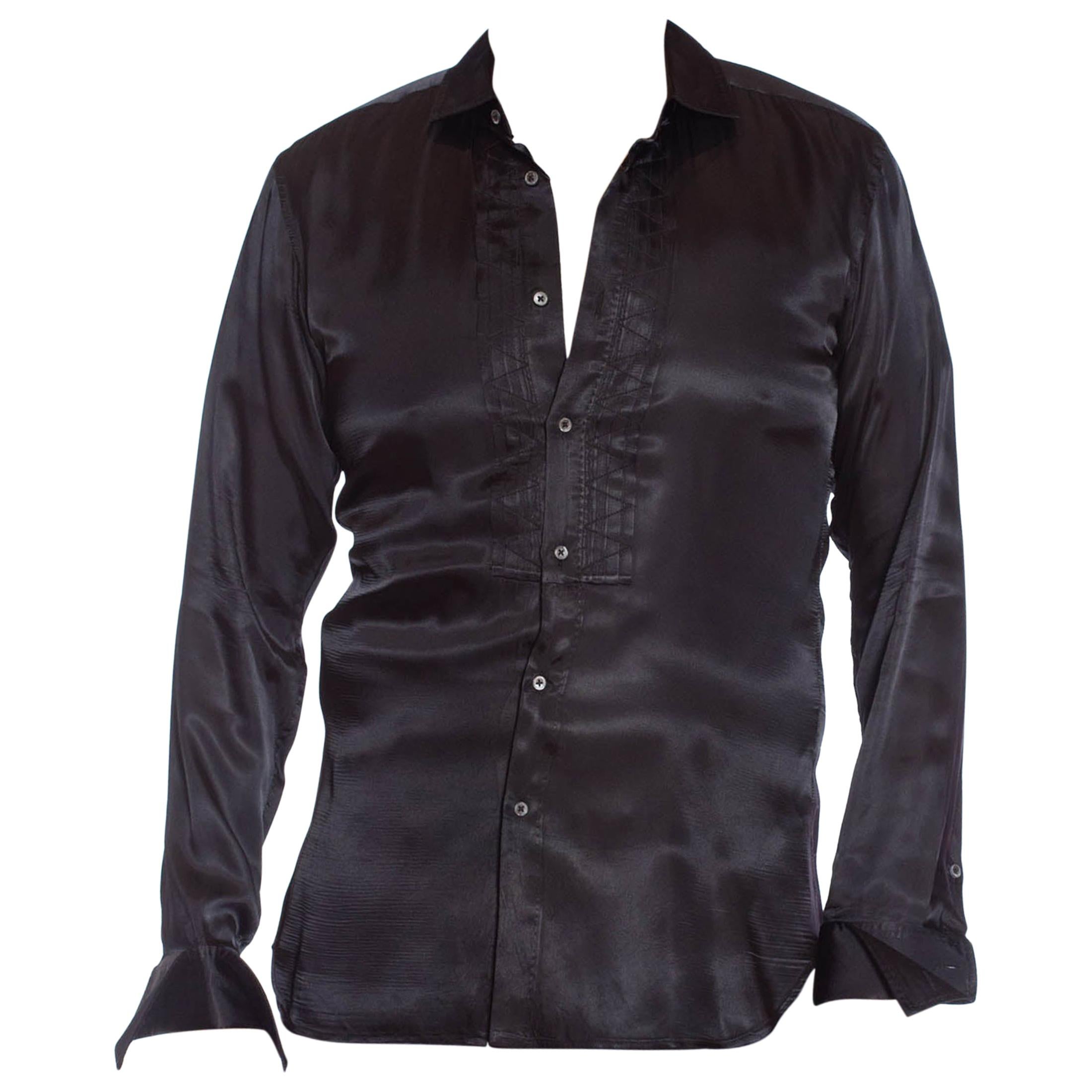 2000S JOHN GALLIANO Black Rayon Satin Formal Tuxedo Shirt With French Cuffs