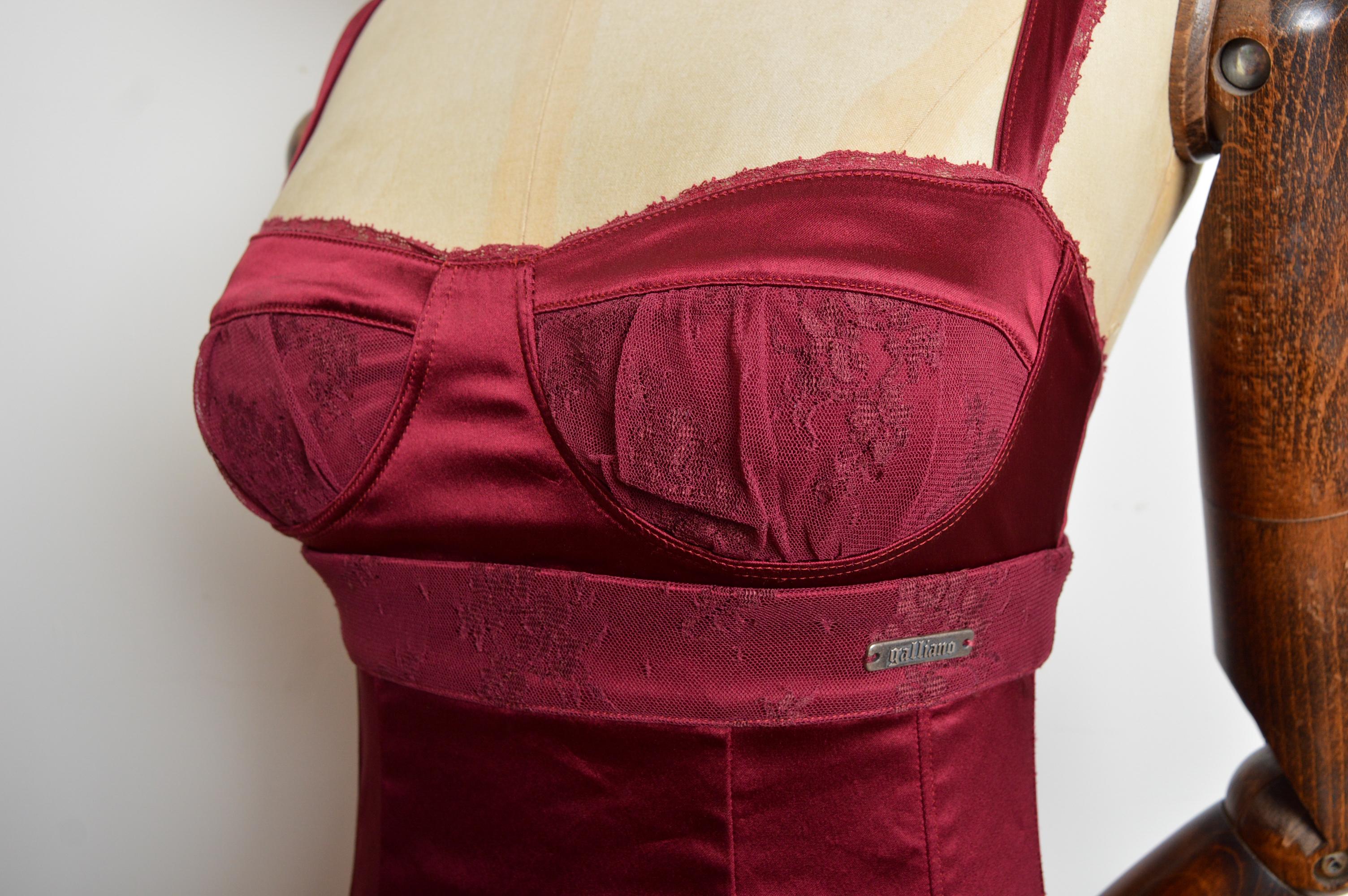2000s John Galliano Burgundy Wine Red Corset satin lace cocktail dress For Sale 1