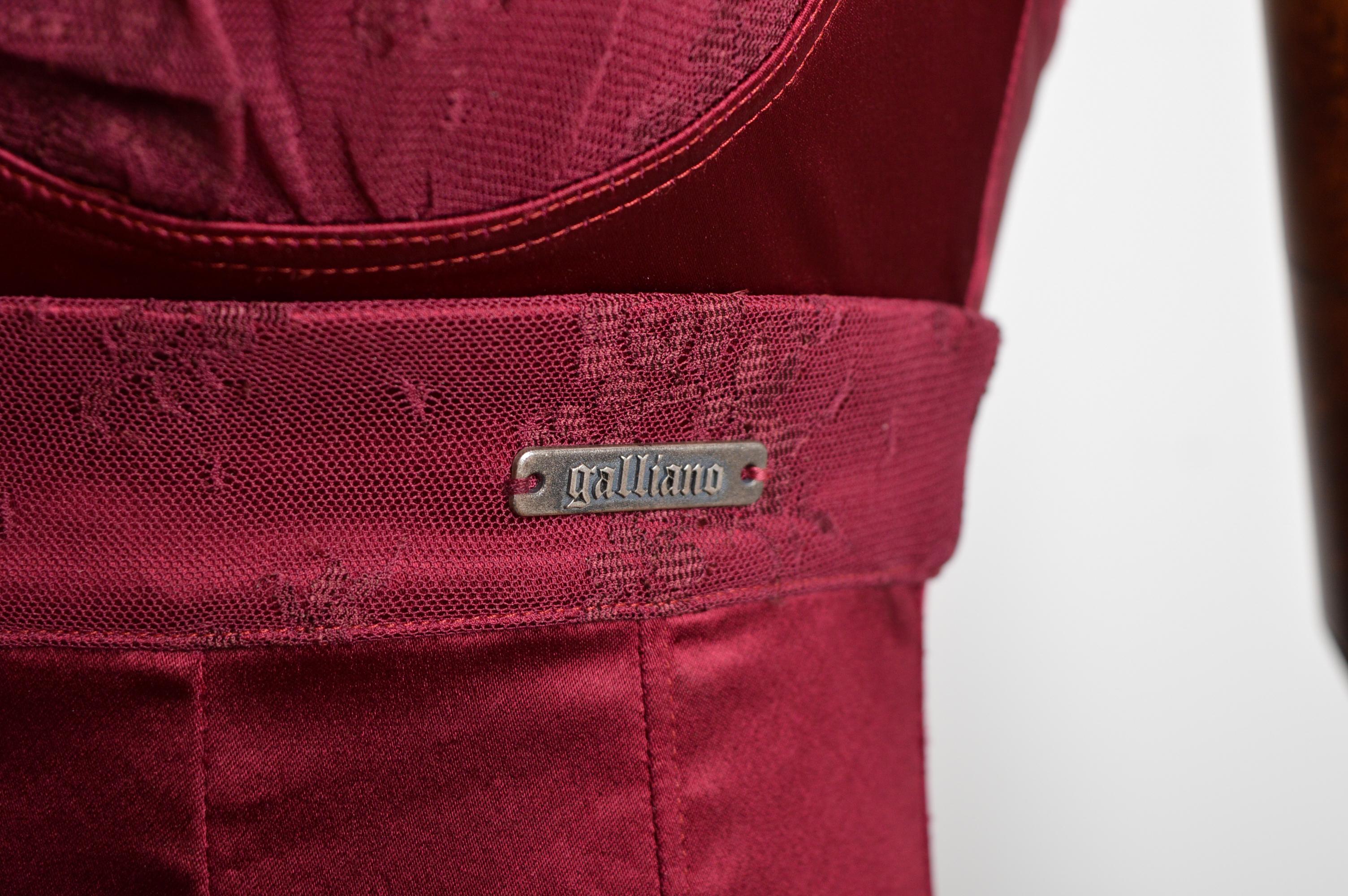 2000s John Galliano Burgundy Wine Red Corset satin lace cocktail dress For Sale 3