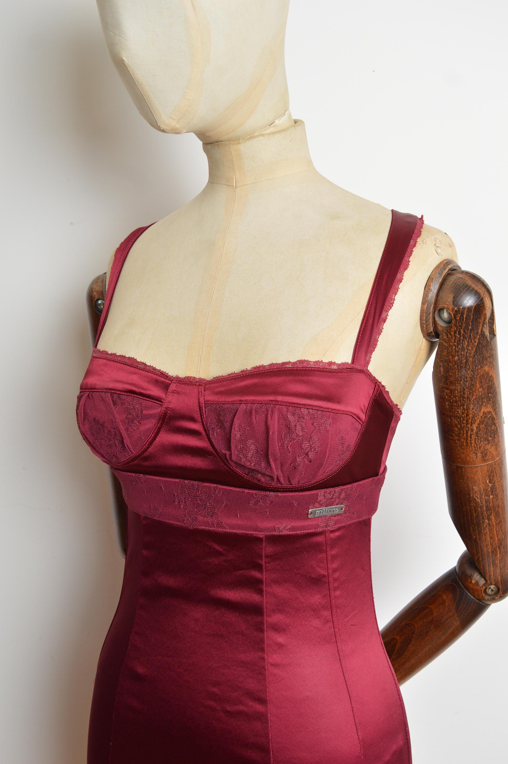 2000s John Galliano Burgundy Wine Red Corset satin lace cocktail dress For Sale 4