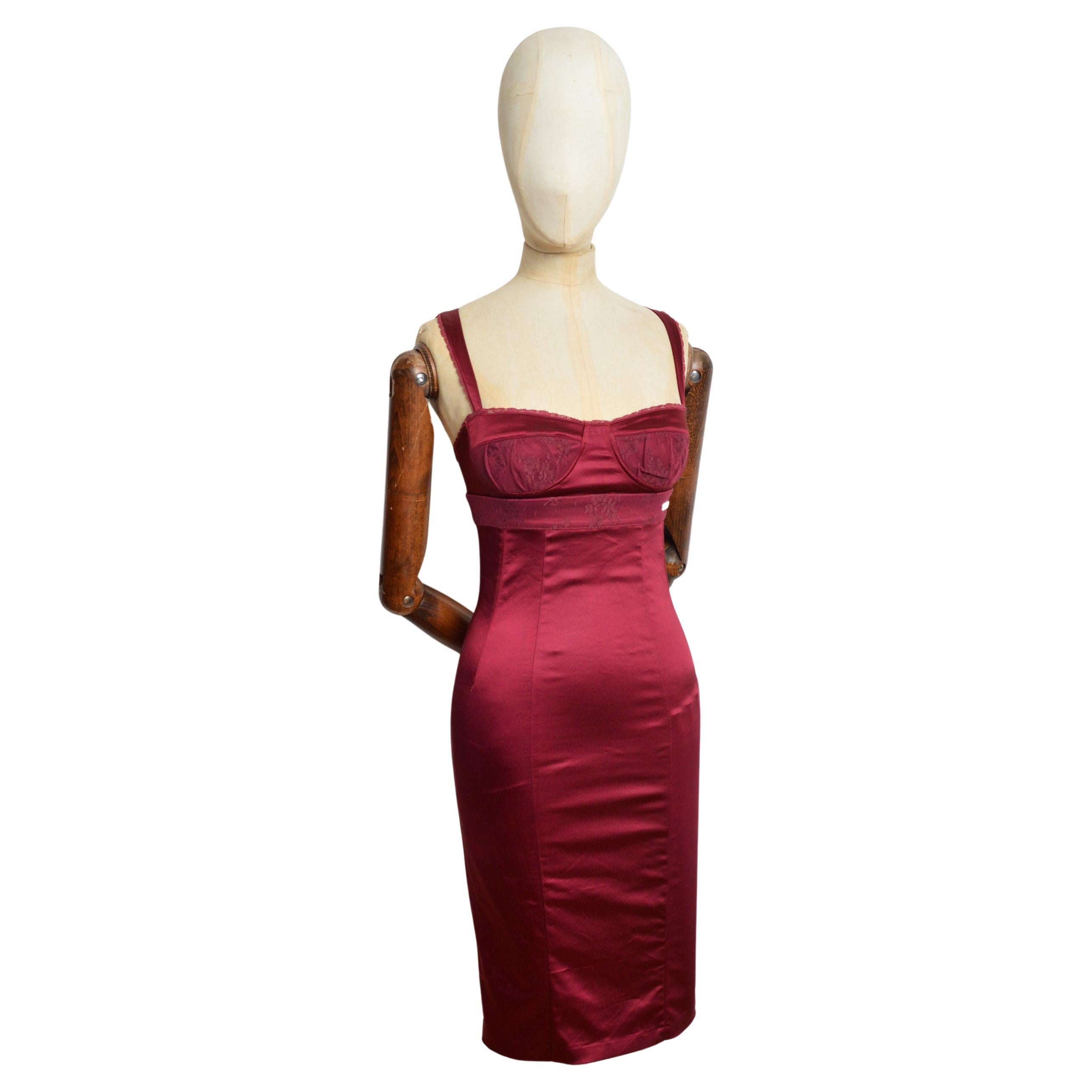 2000s John Galliano Burgundy Wine Red Corset satin lace cocktail dress For Sale