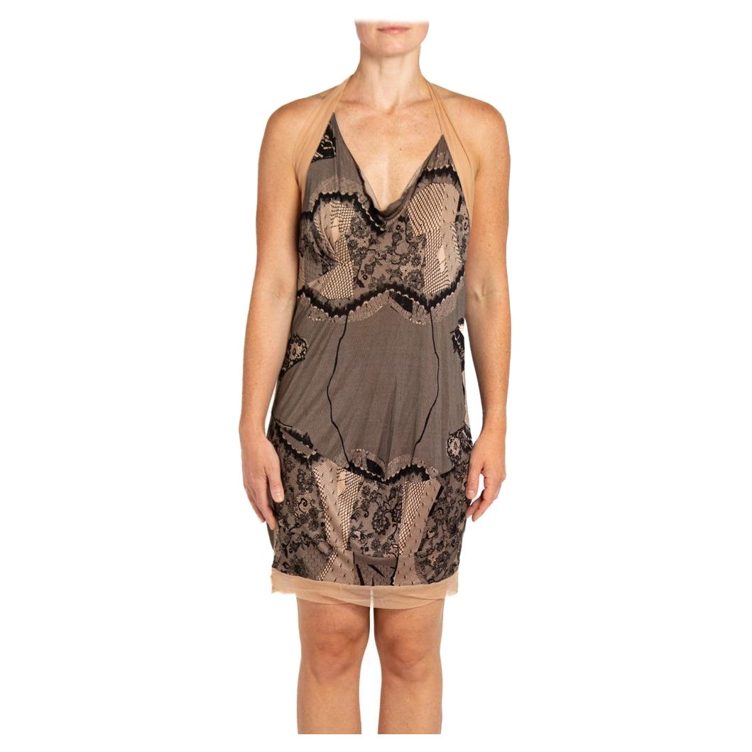 2000S JOHN GALLIANO CHRISTIAN DIOR Vestido de cóctel de encaje estampado de seda negro y desnudo en venta