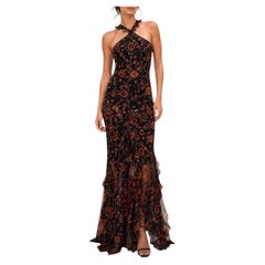 2000s JOHN GALLIANO CHRISTIAN DIOR Floral Silk Chiffon Gown With Gold Lurex