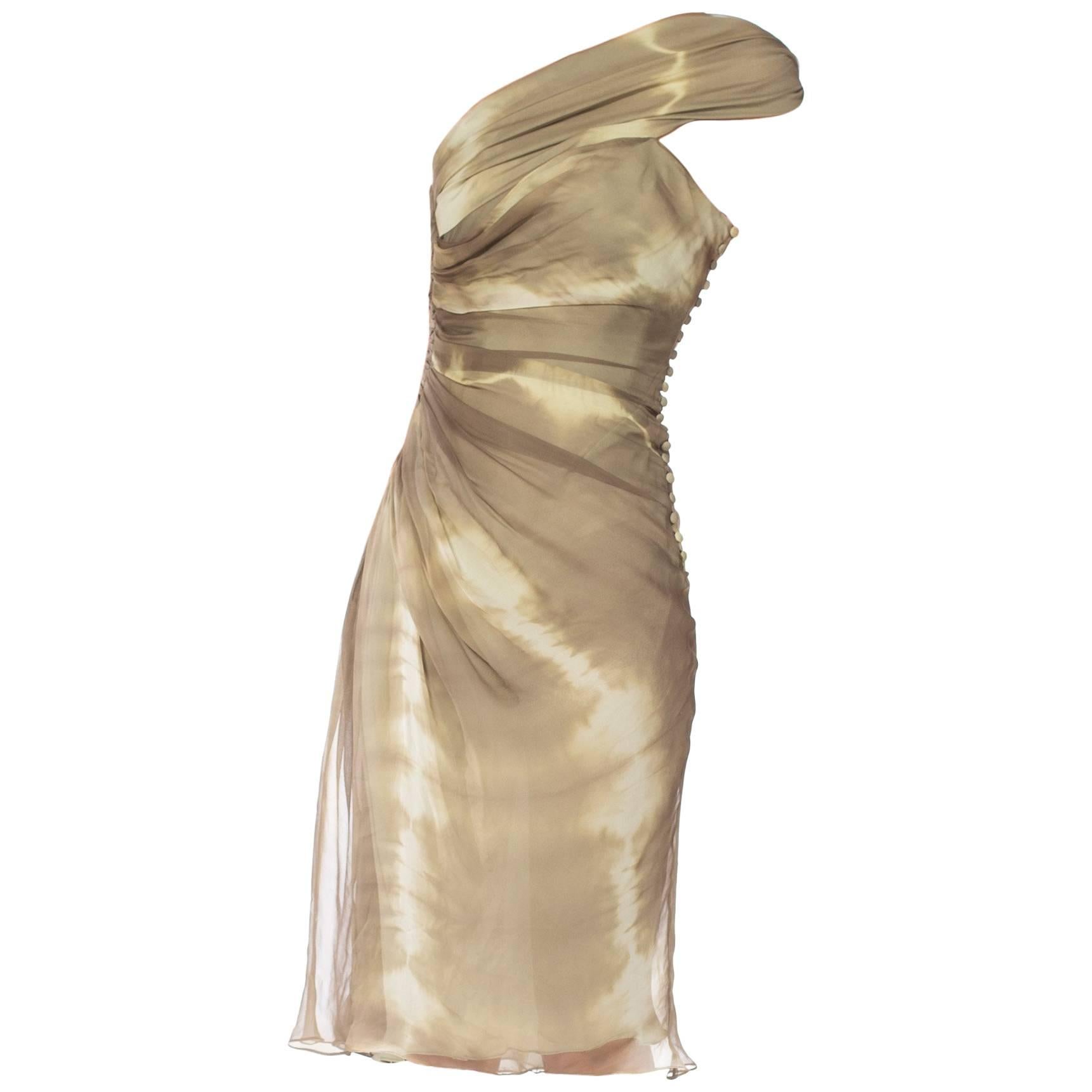 2000S JOHN GALLIANO CHRISTIAN DIOR Vestido con un hombro de gasa de seda verde oliva