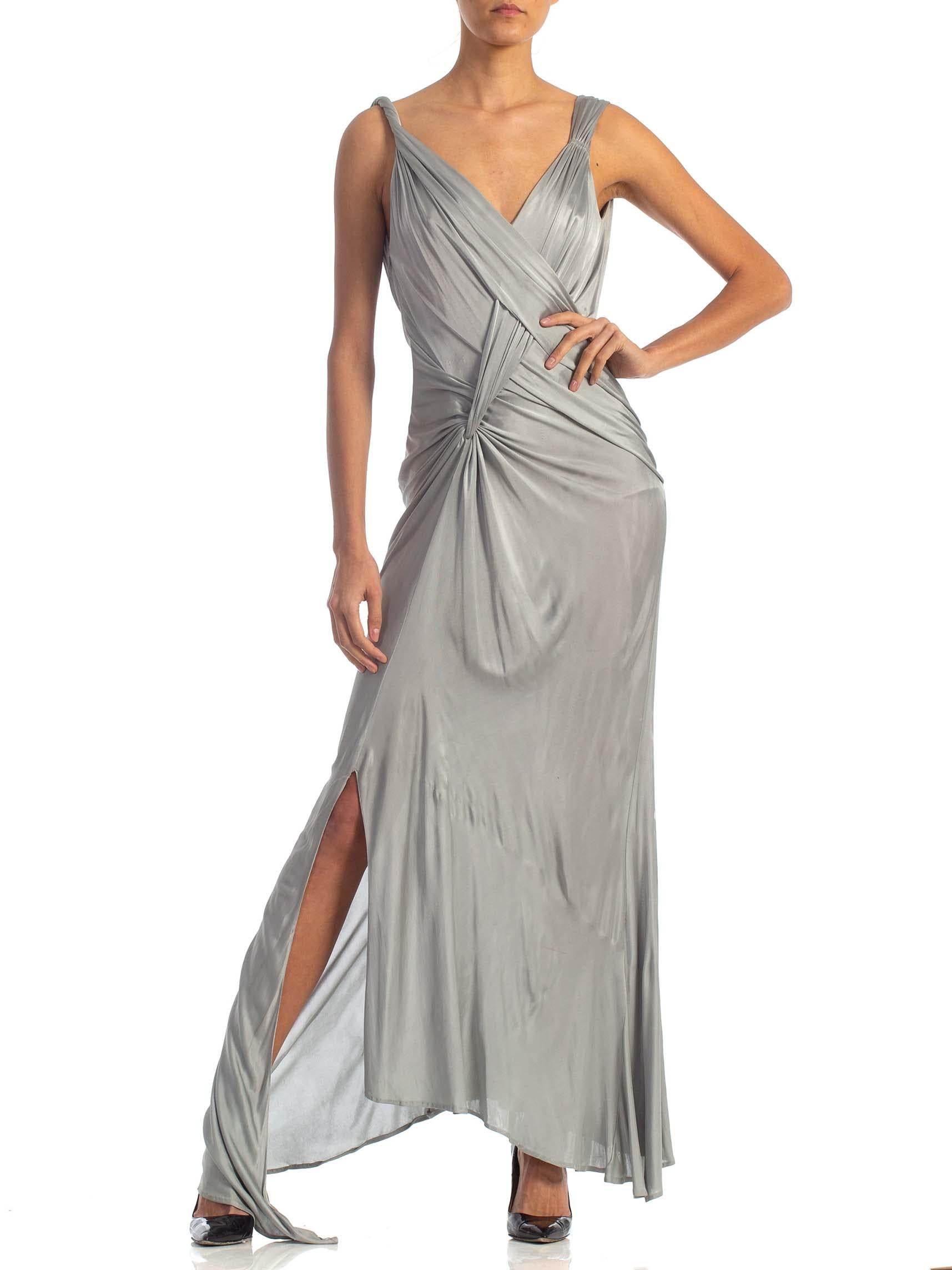 2000S JOHN GALLIANO Dove Grey Rayon Jersey Backless Gown With Slit In Excellent Condition For Sale In New York, NY
