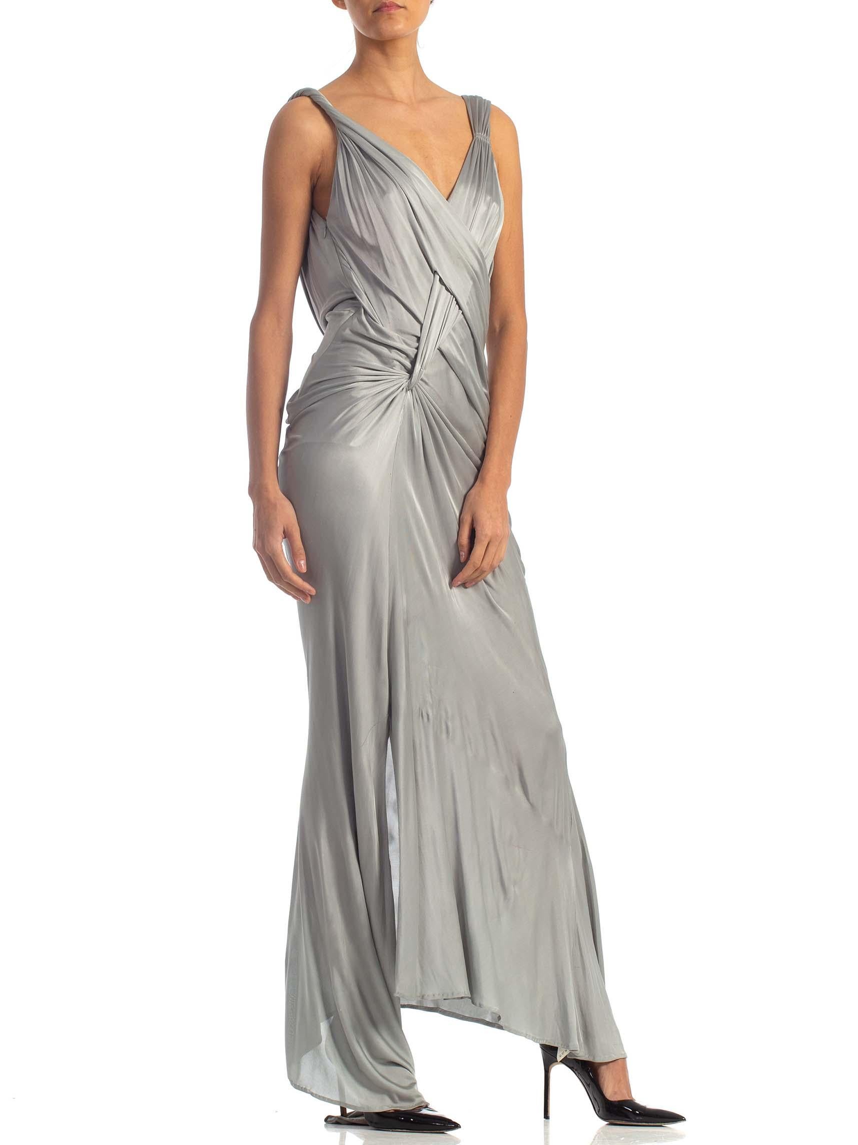 Women's 2000S JOHN GALLIANO Dove Grey Rayon Jersey Backless Gown With Slit For Sale