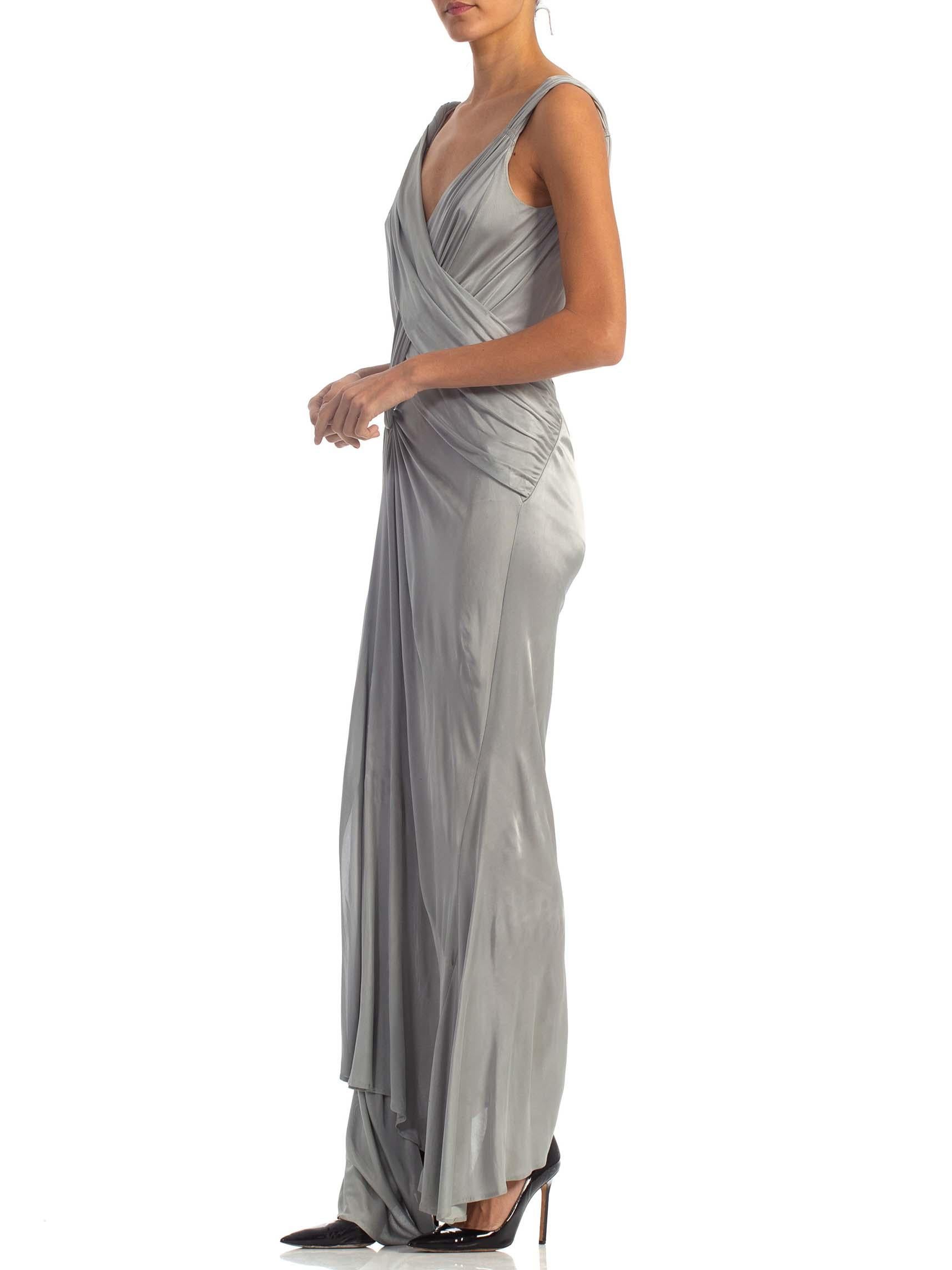 2000S JOHN GALLIANO Dove Grey Rayon Jersey Backless Gown With Slit For Sale 1