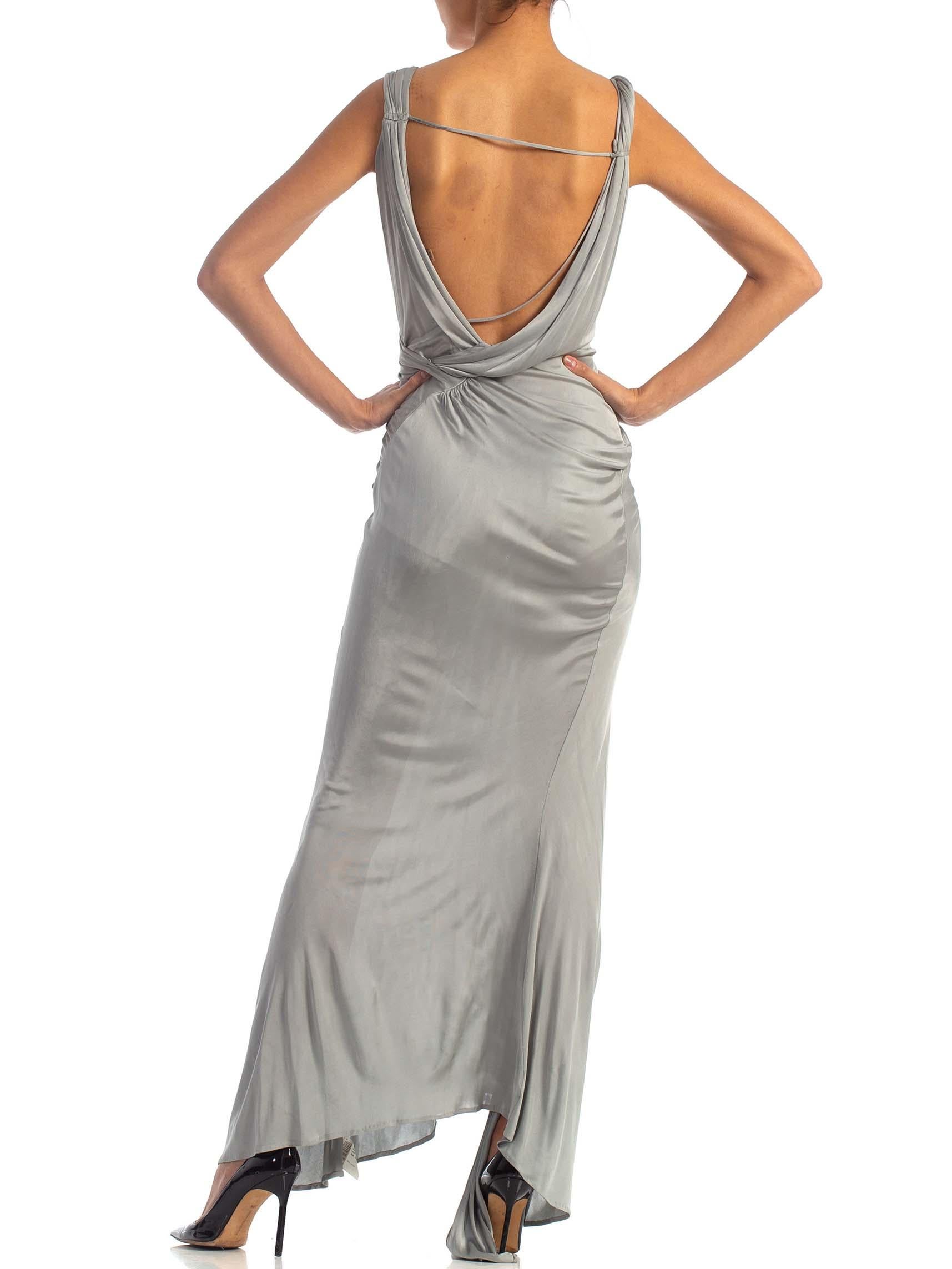 2000S JOHN GALLIANO Dove Grey Rayon Jersey Backless Gown With Slit For Sale 2