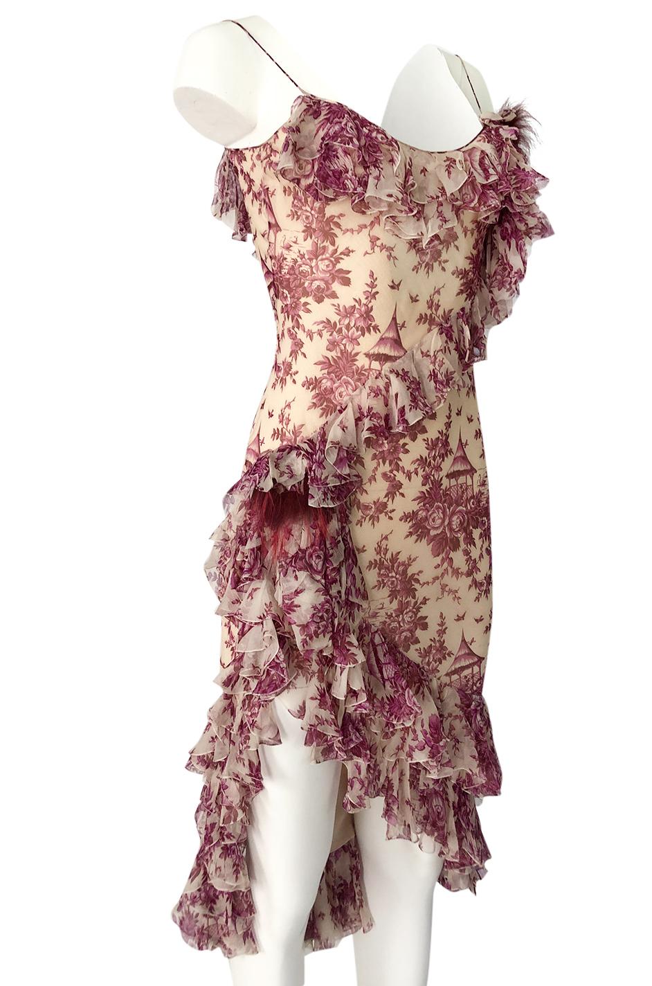 Brown 2000s John Galliano Purple Floral Print Silk Bias Cut Ruffle Dress