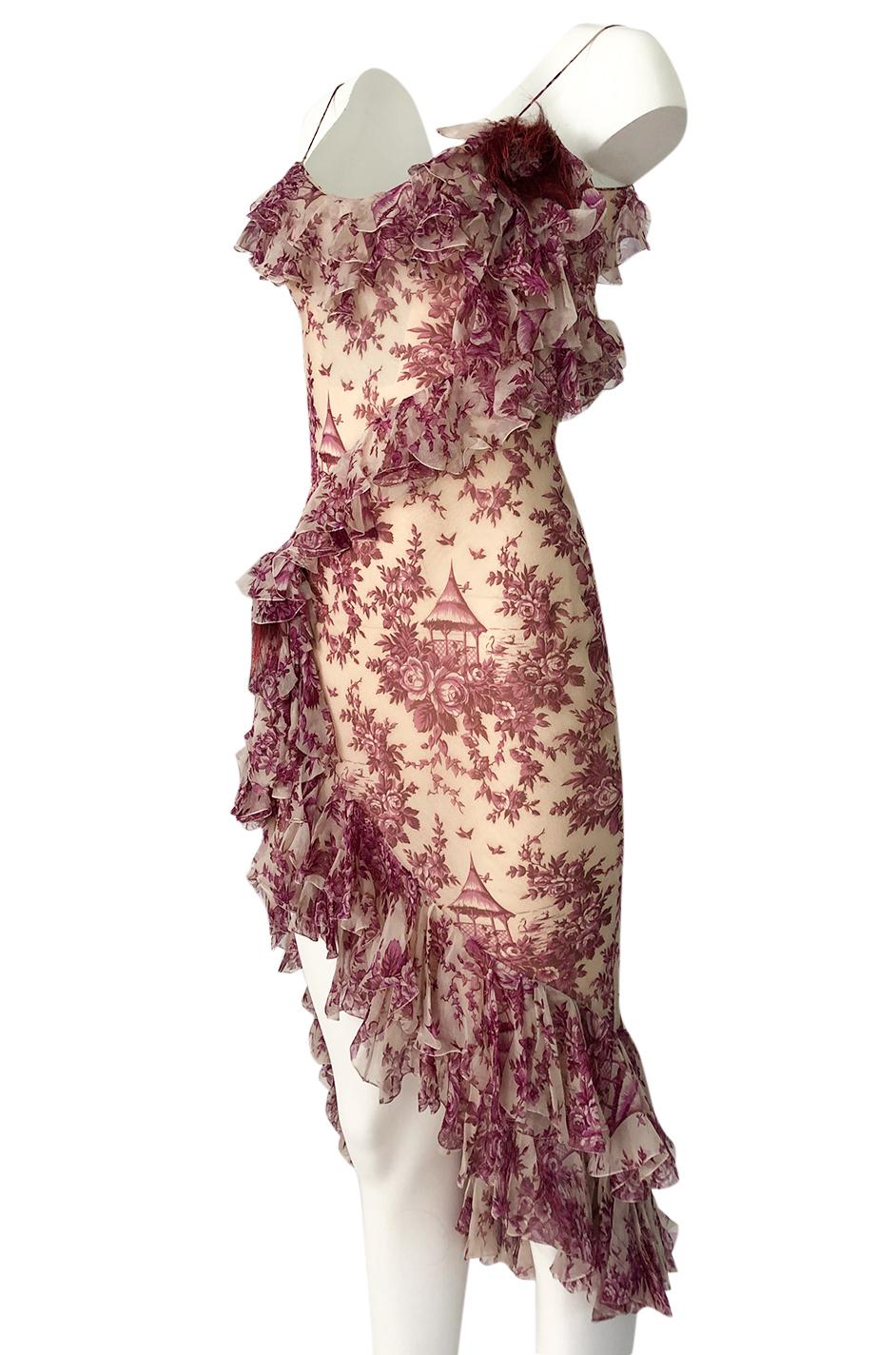 2000s John Galliano Purple Floral Print Silk Bias Cut Ruffle Dress im Zustand „Hervorragend“ in Rockwood, ON