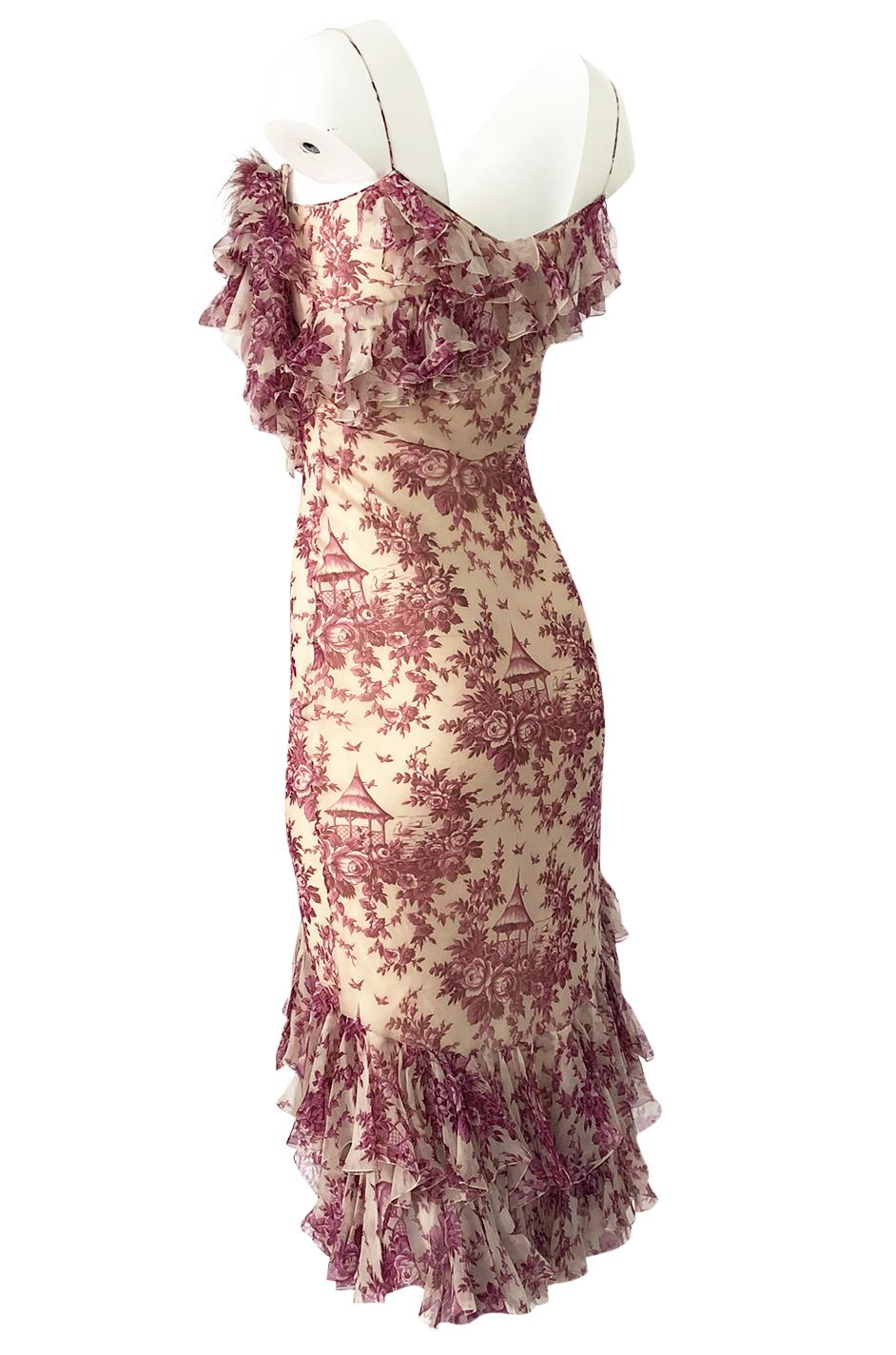 2000s John Galliano Purple Floral Print Silk Bias Cut Ruffle Dress Damen