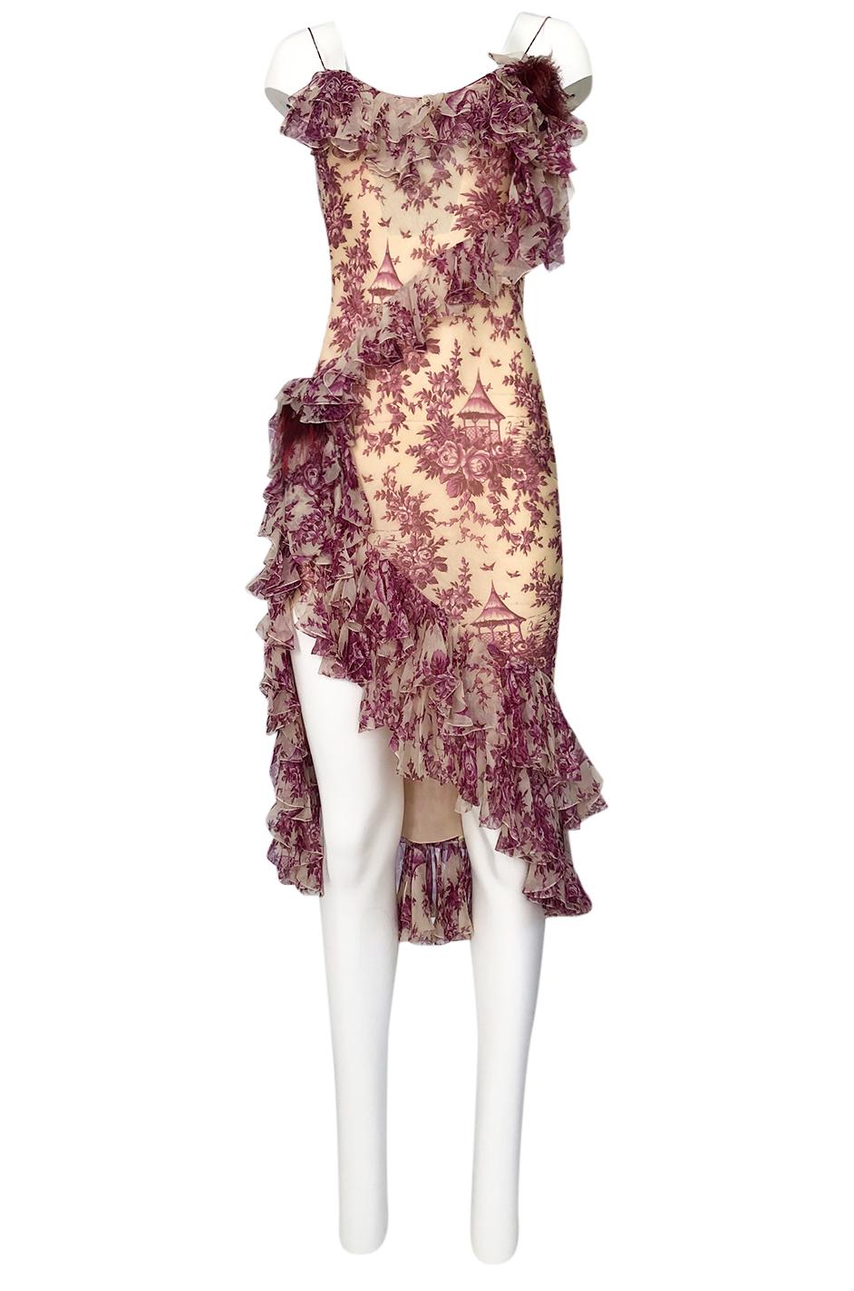 2000s John Galliano Purple Floral Print Silk Bias Cut Ruffle Dress 1