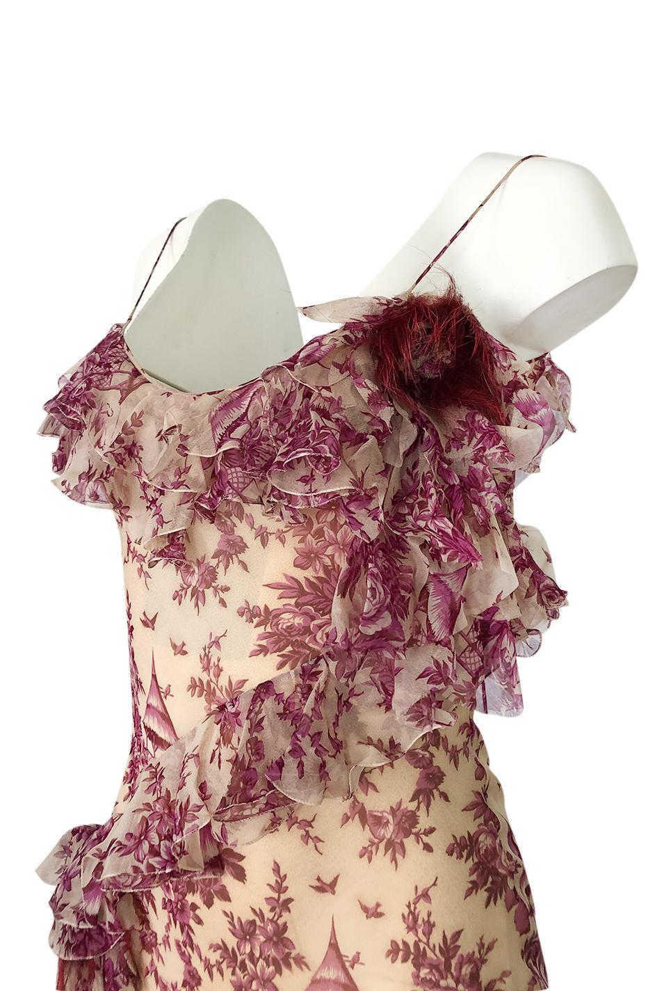 2000s John Galliano Purple Floral Print Silk Bias Cut Ruffle Dress 2