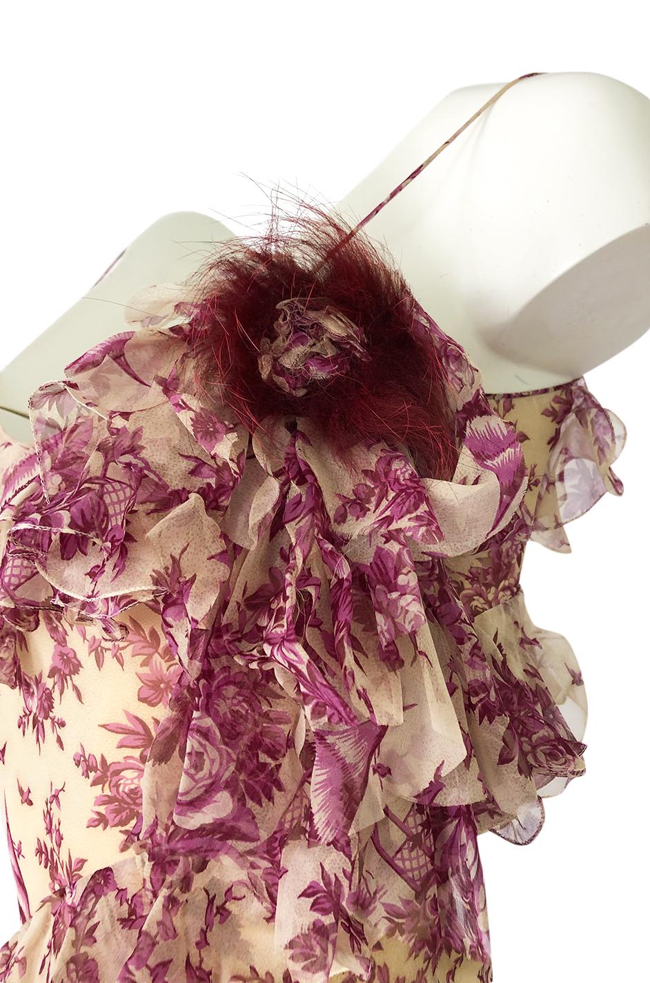 2000s John Galliano Purple Floral Print Silk Bias Cut Ruffle Dress 3