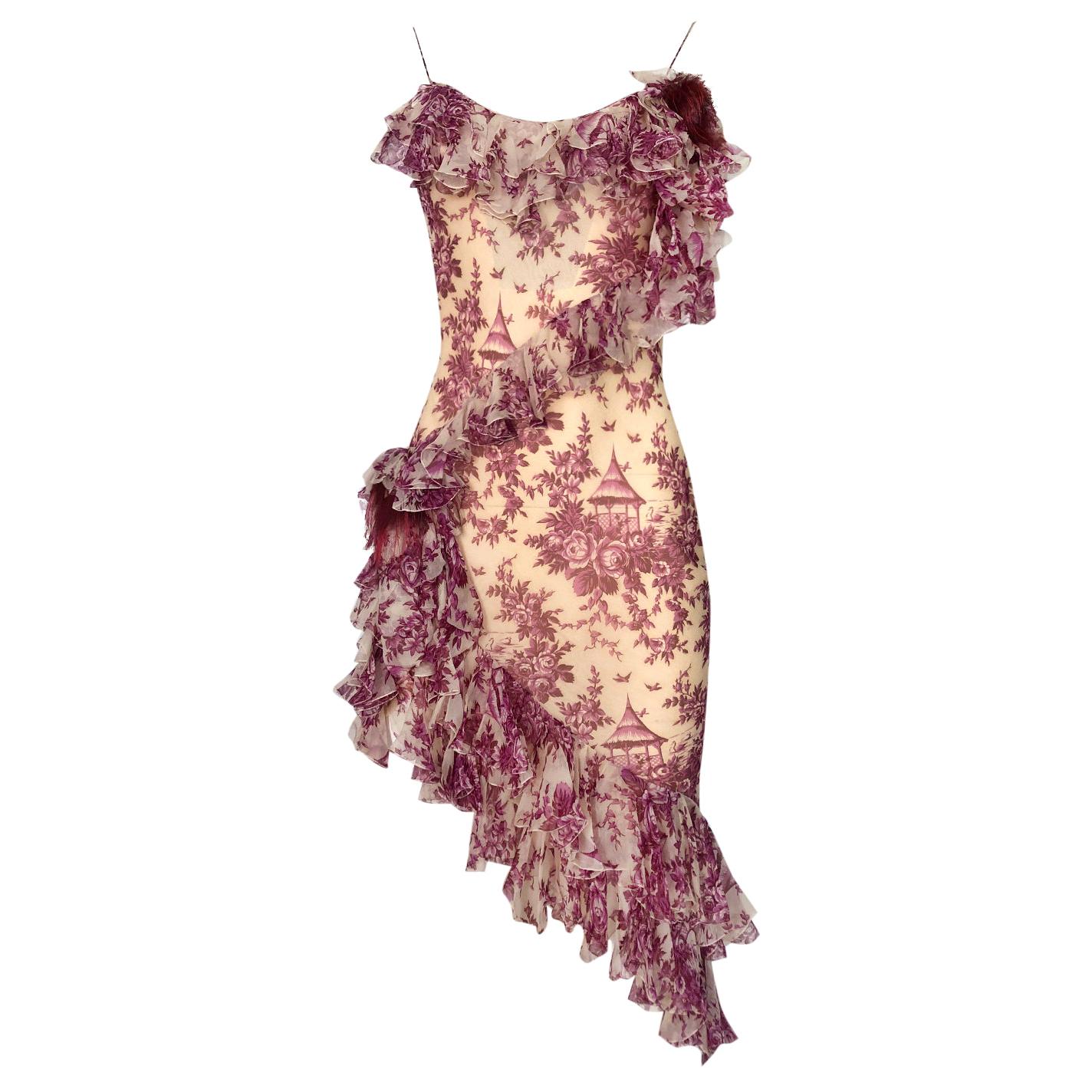 2000s John Galliano Purple Floral Print Silk Bias Cut Ruffle Dress