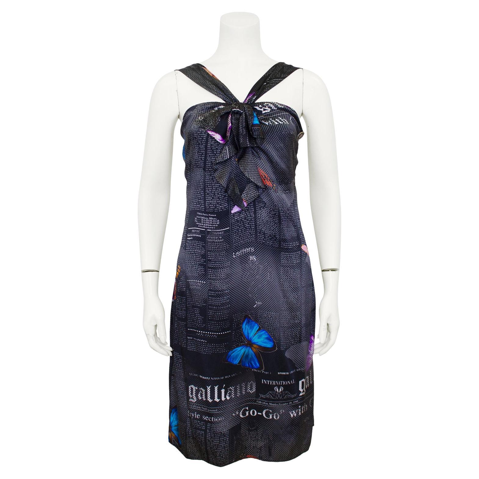 2000s John Galliano Silk Newsprint and Butterfly Cocktail Dress  For Sale
