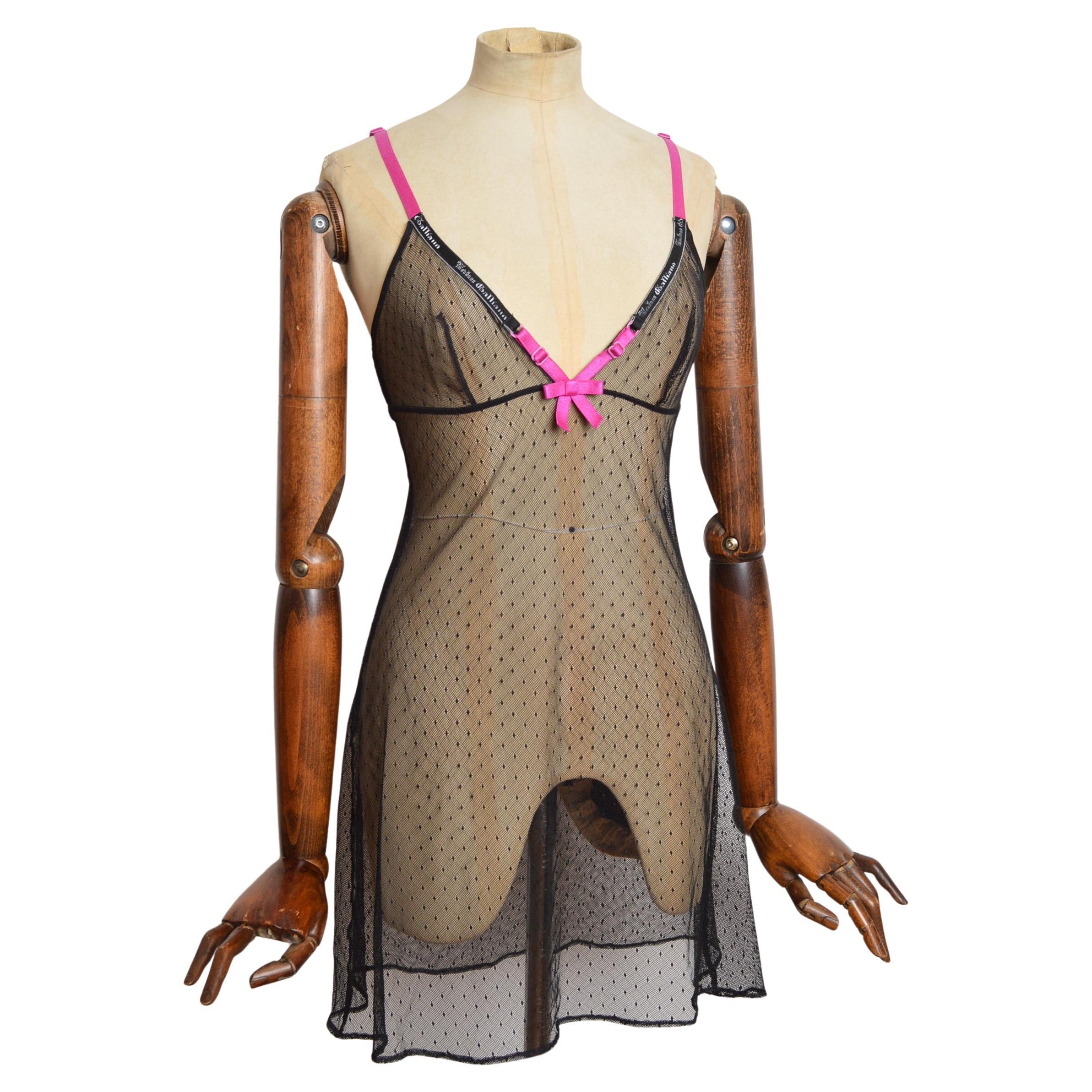 2000er John Galliano Y2k Slip-Kleid aus schwarzer Spitze und Mesh im Angebot