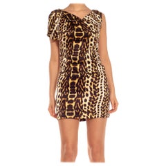 2000S JUST CAVALLI Animal Print Brown & Gold Silk With One Shoulder Cap Dress