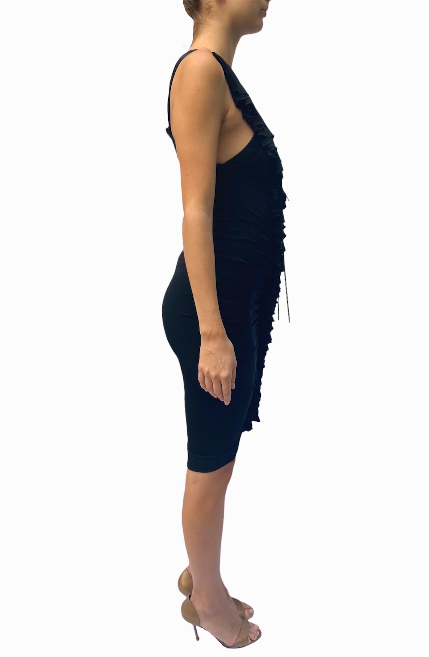 2000S JUST CAVALLI Black Jersey Ruched Ruffle Front Slinky Cocktail Dress Sz 42 In Excellent Condition For Sale In New York, NY