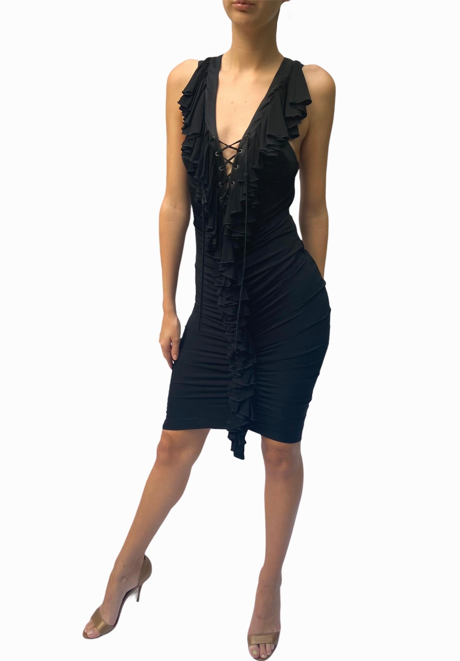 2000S JUST CAVALLI Black Jersey Ruched Ruffle Front Slinky Cocktail Dress Sz 42 For Sale 5