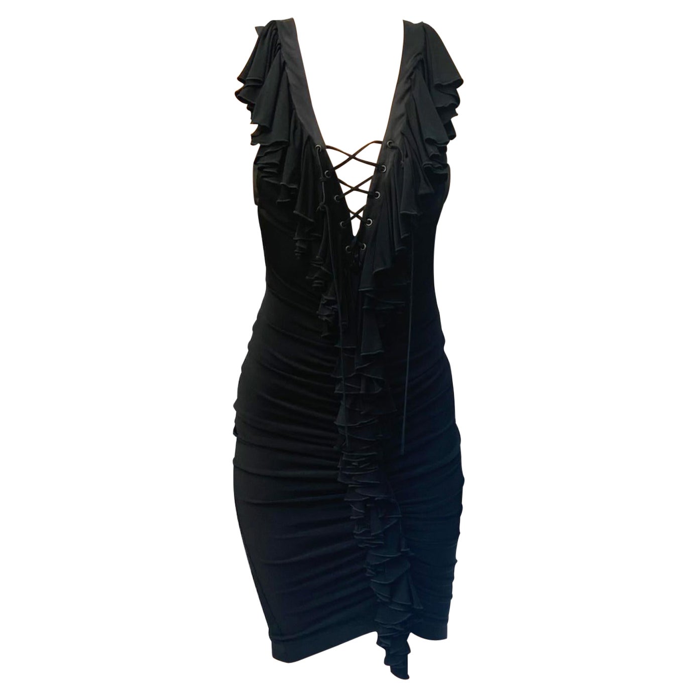 2000er JUST CAVALLI Schwarzes gerafftes Slinky-Cocktailkleid aus Jersey mit Rüschen vorne Gr. 42
