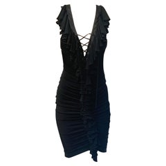 2000er JUST CAVALLI Schwarzes gerafftes Slinky-Cocktailkleid aus Jersey mit Rüschen vorne Gr. 42