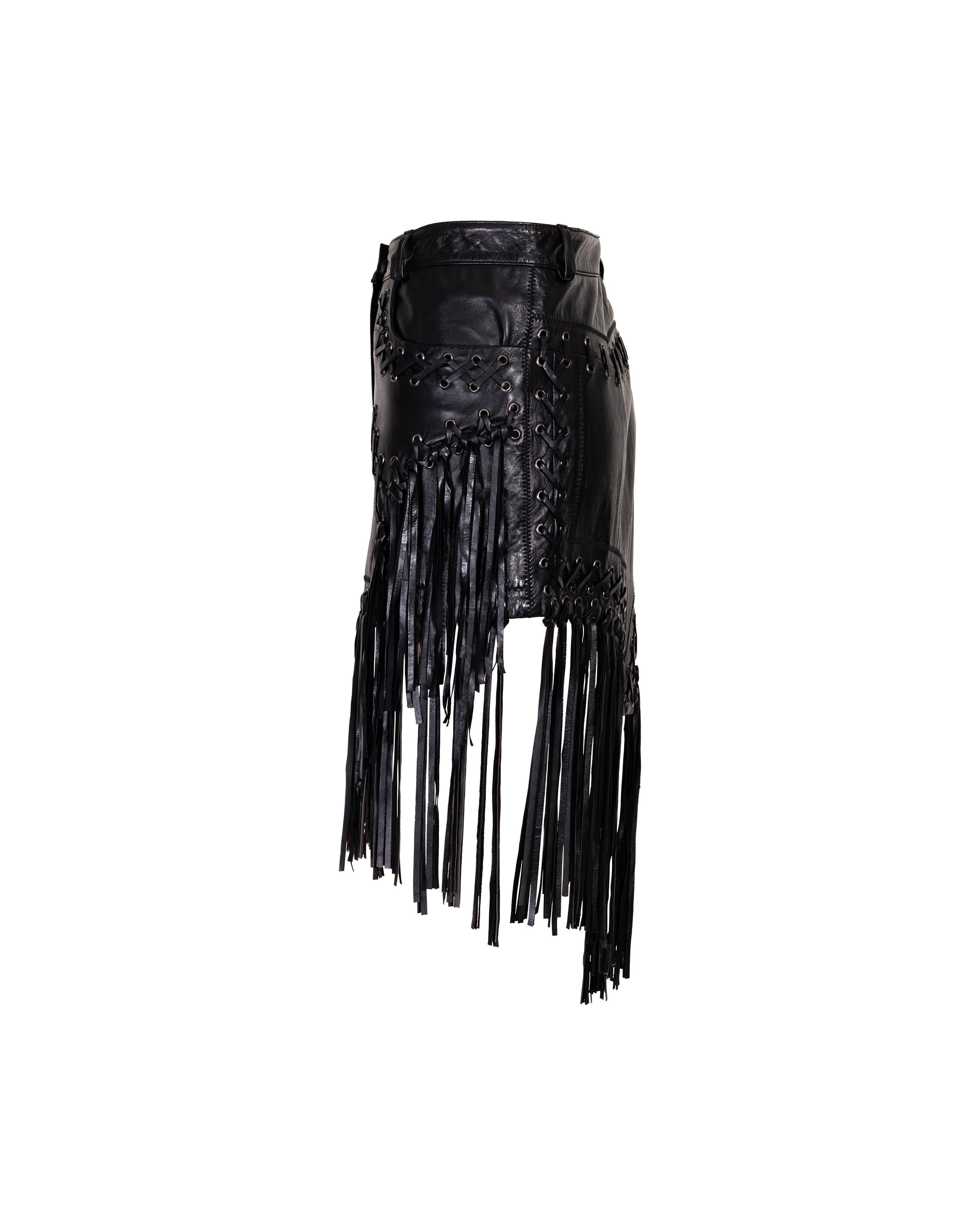 2000's Just Cavalli Black Leather Fringe Skirt In Excellent Condition In North Hollywood, CA