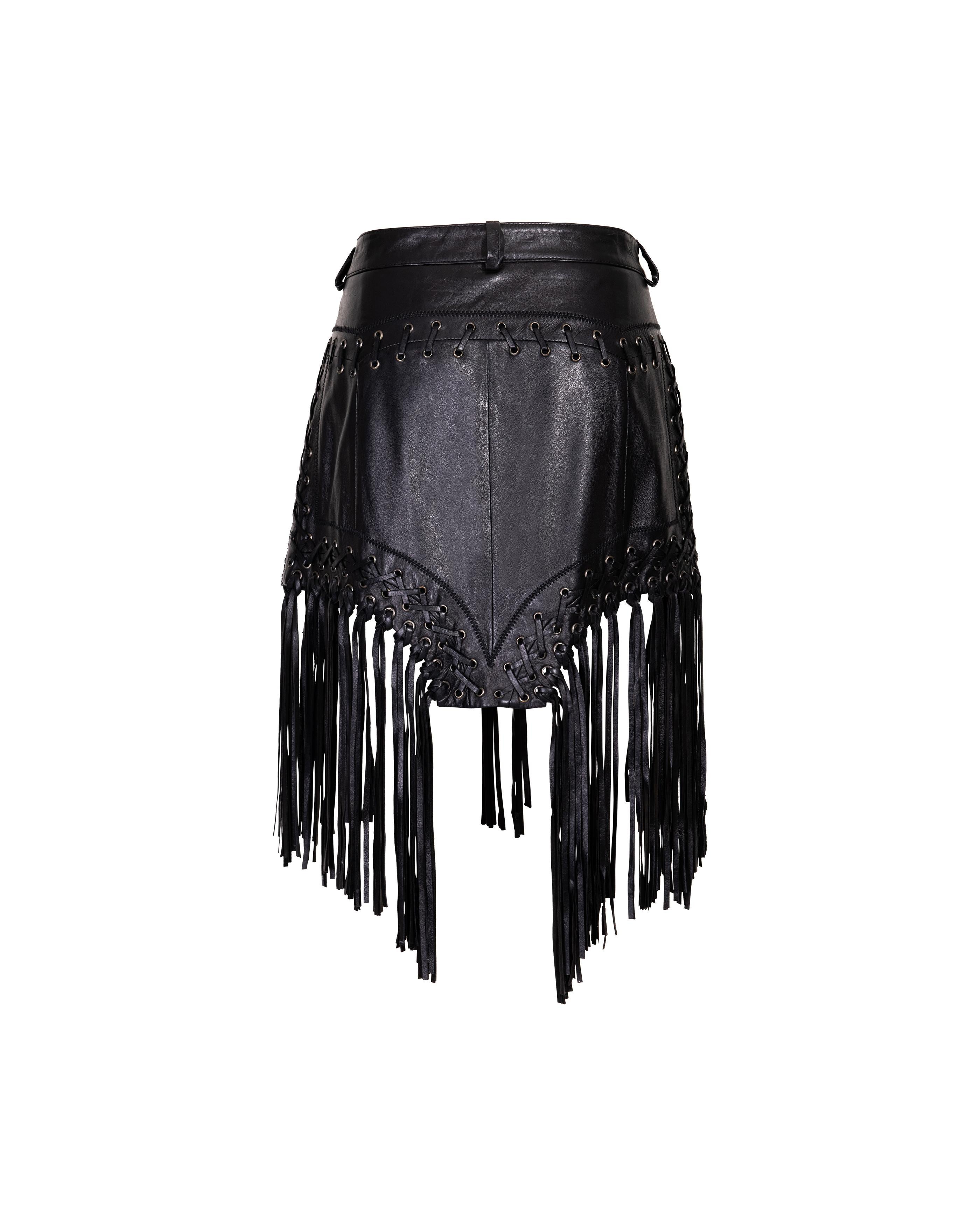 Women's 2000's Just Cavalli Black Leather Fringe Skirt