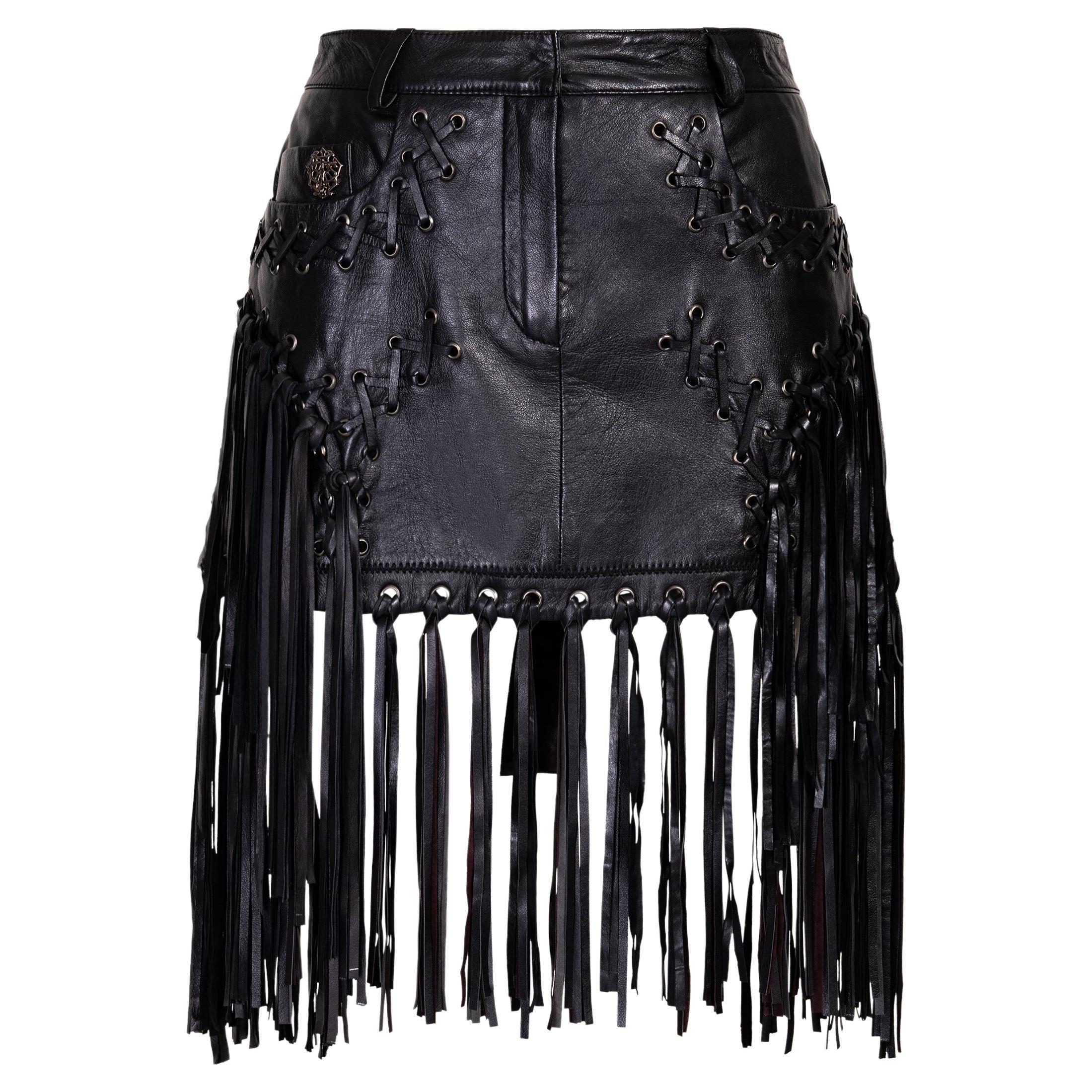 2000's Just Cavalli Black Leather Fringe Skirt