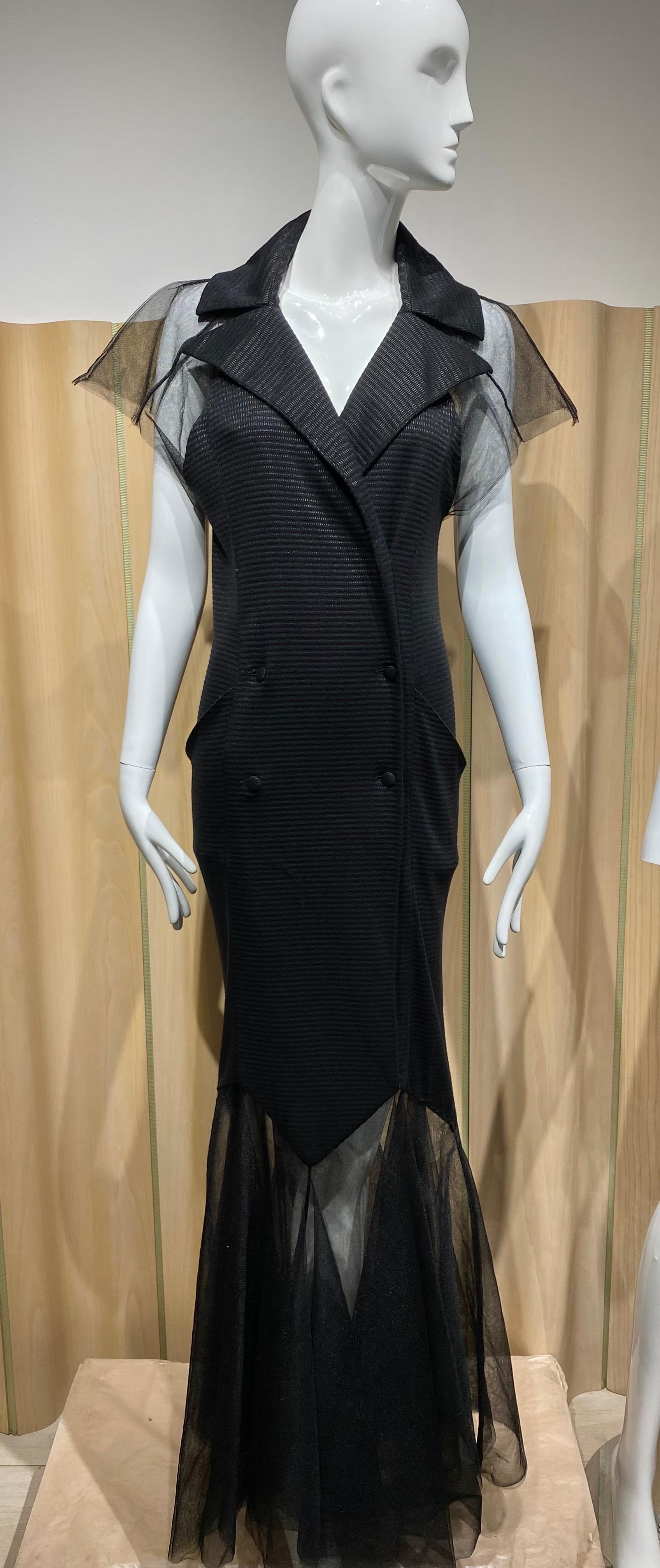 2000er Karl Lagerfeld Schwarzes Strickkleid mit Tüllsaum Damen im Angebot