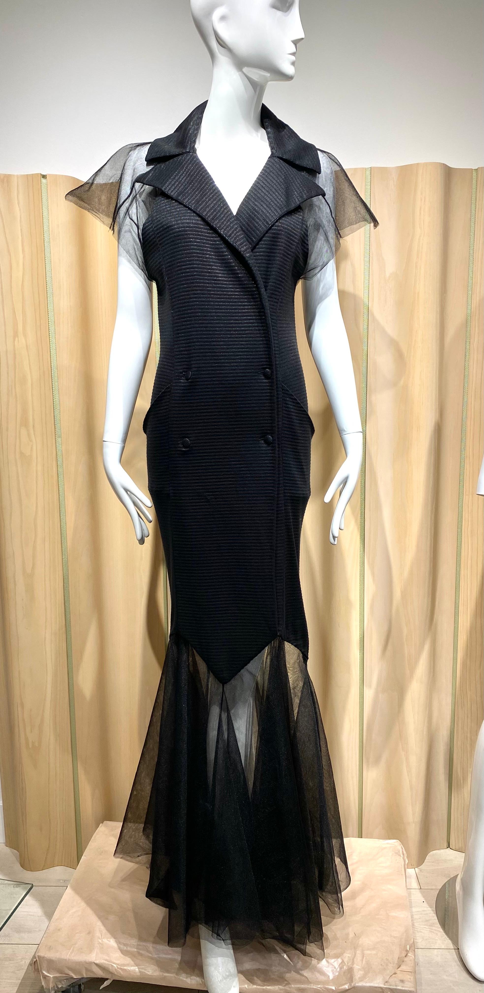 2000er Karl Lagerfeld Schwarzes Strickkleid mit Tüllsaum im Angebot 3