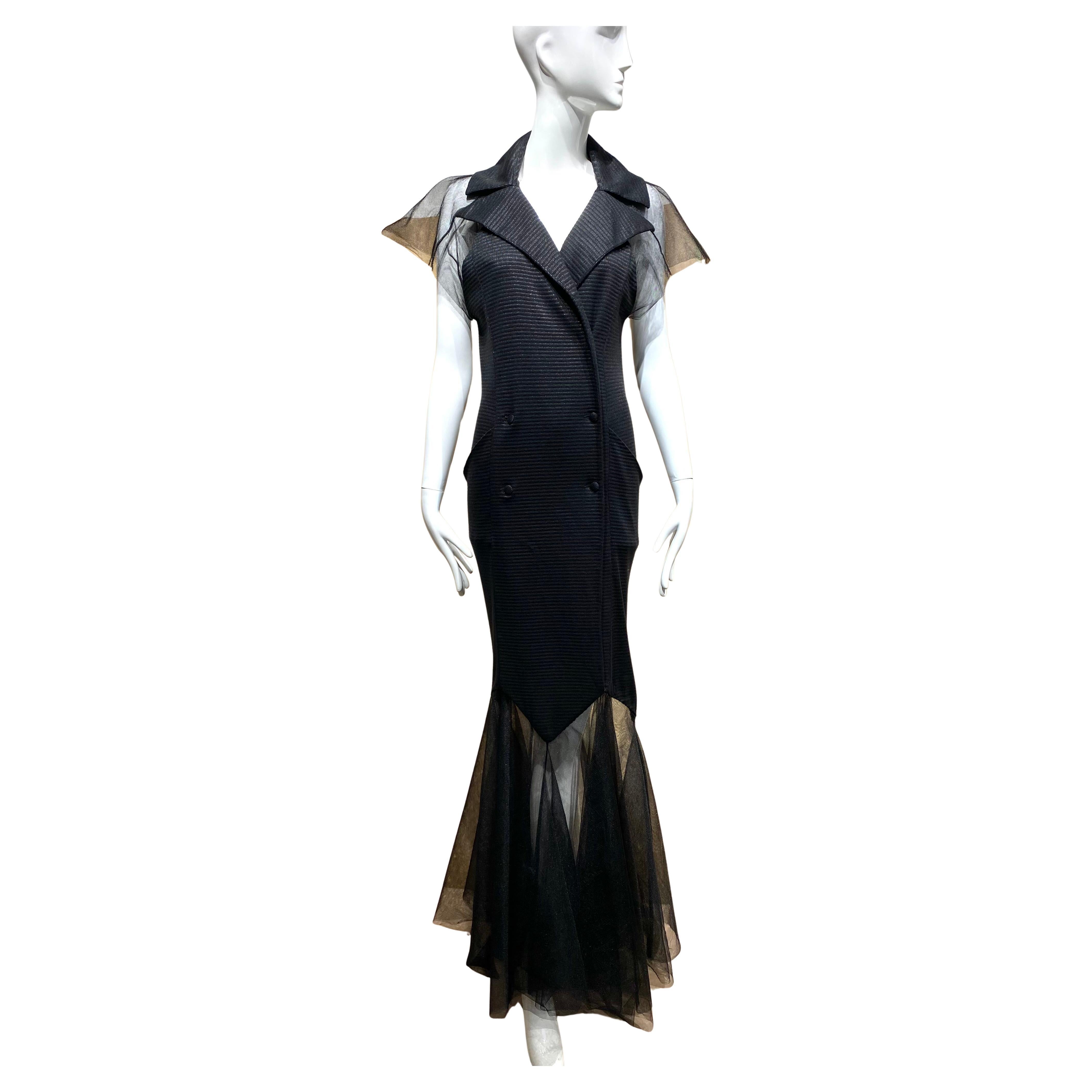 2000er Karl Lagerfeld Schwarzes Strickkleid mit Tüllsaum im Angebot