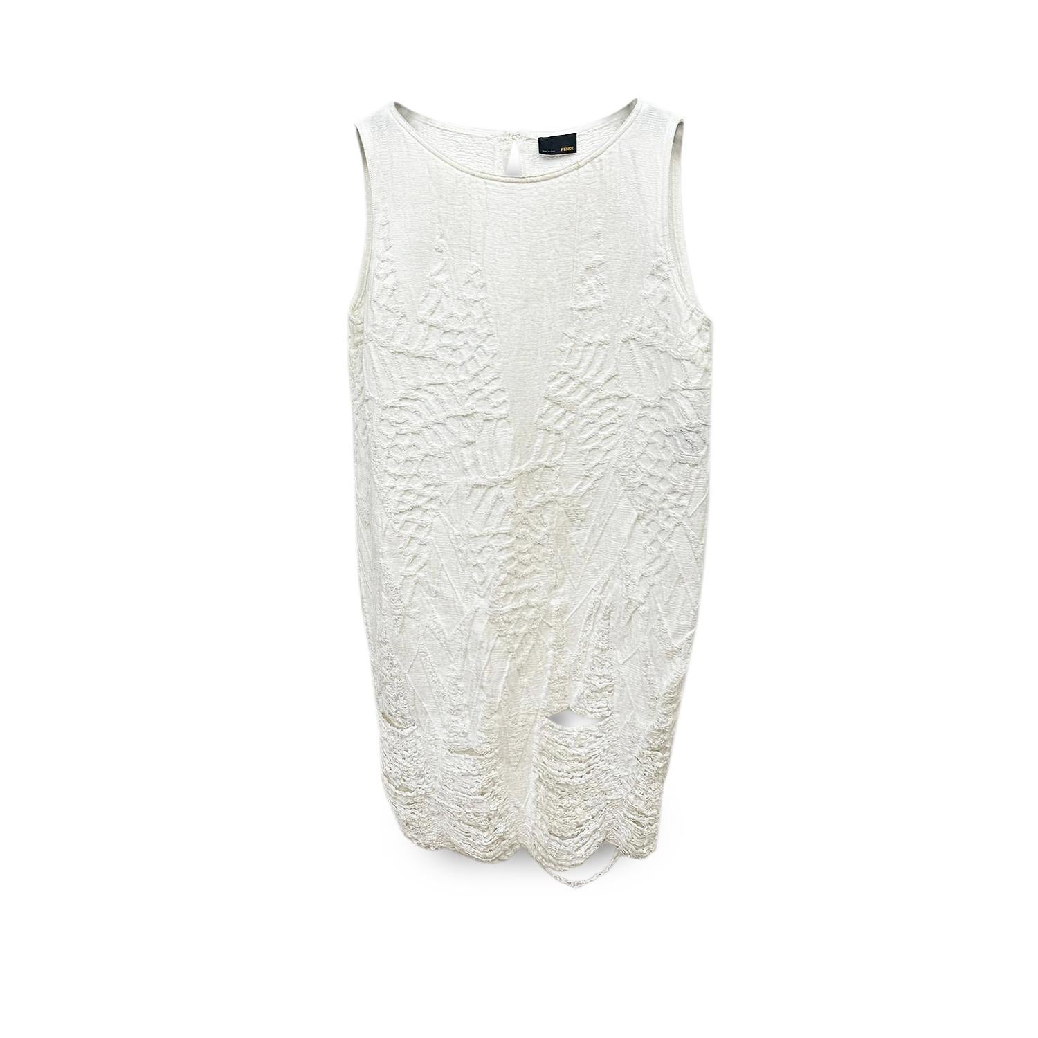 2000S KARL LAGERFELD CHLOE White Cotton Blend Brocade Dress With Deconstructed Hem