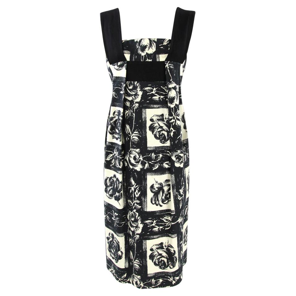 2000s Kenzo Floral Printed Black and White Cotton Dress