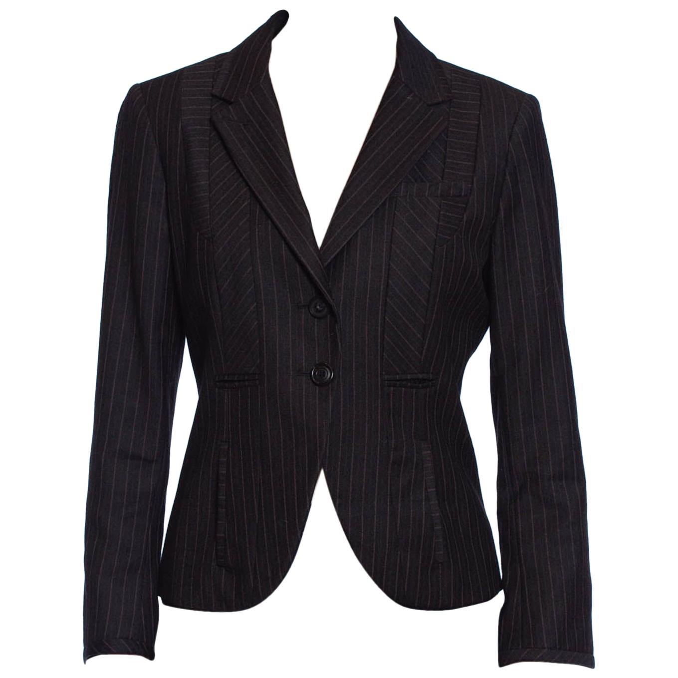 2000S KENZO Grey Wool Patchwork Pinstripe Fitted Blazer For Sale