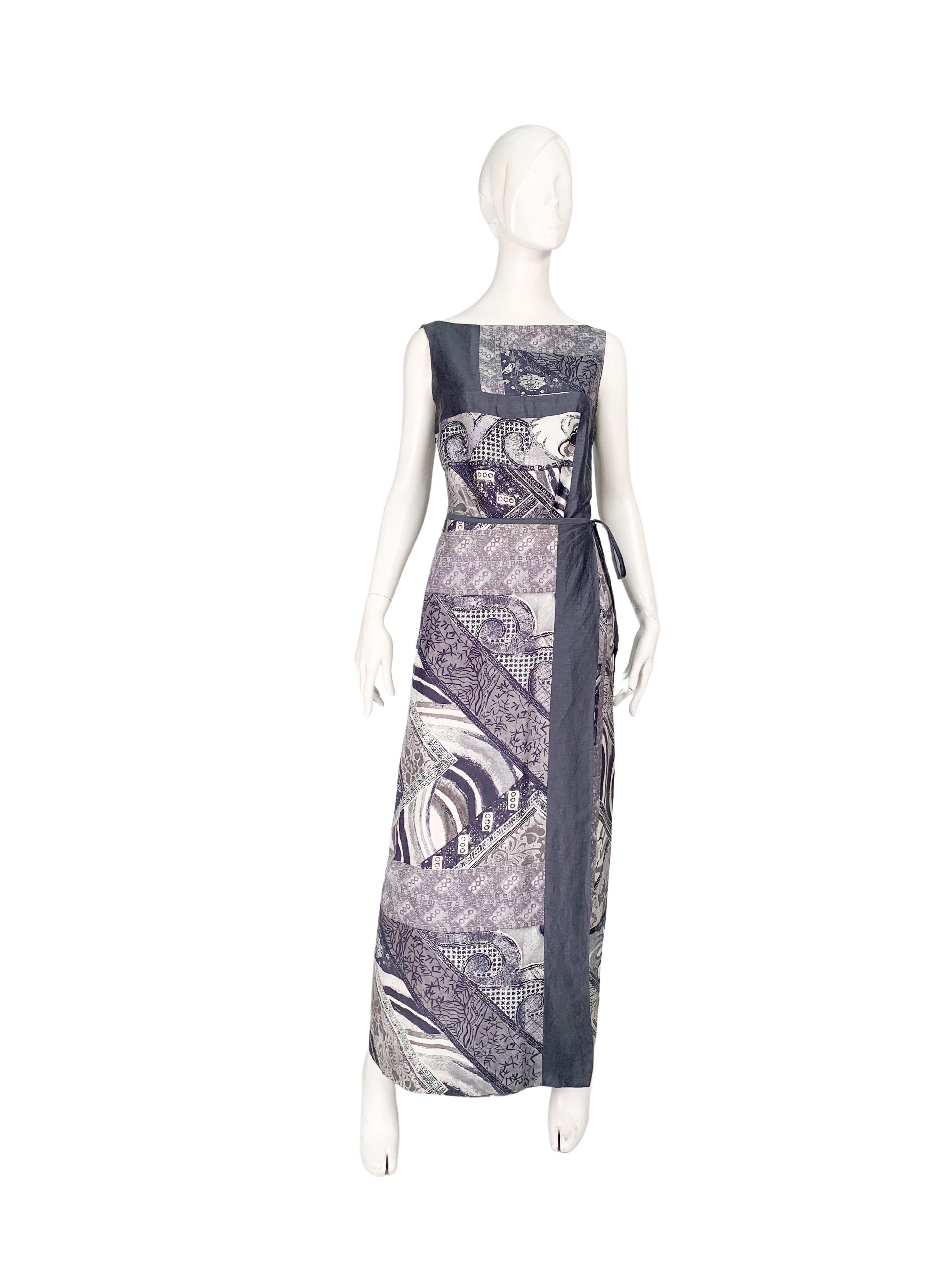 KENZO JUNGLE 2-piece ensemble of a high-waisted wrap maxi skirt and a sleeveless top. Vintage from 1990s. Patchwork design with solid-coloured metallic grey geometric inserts against printed background in shades of grey. Note how the busy pattern is