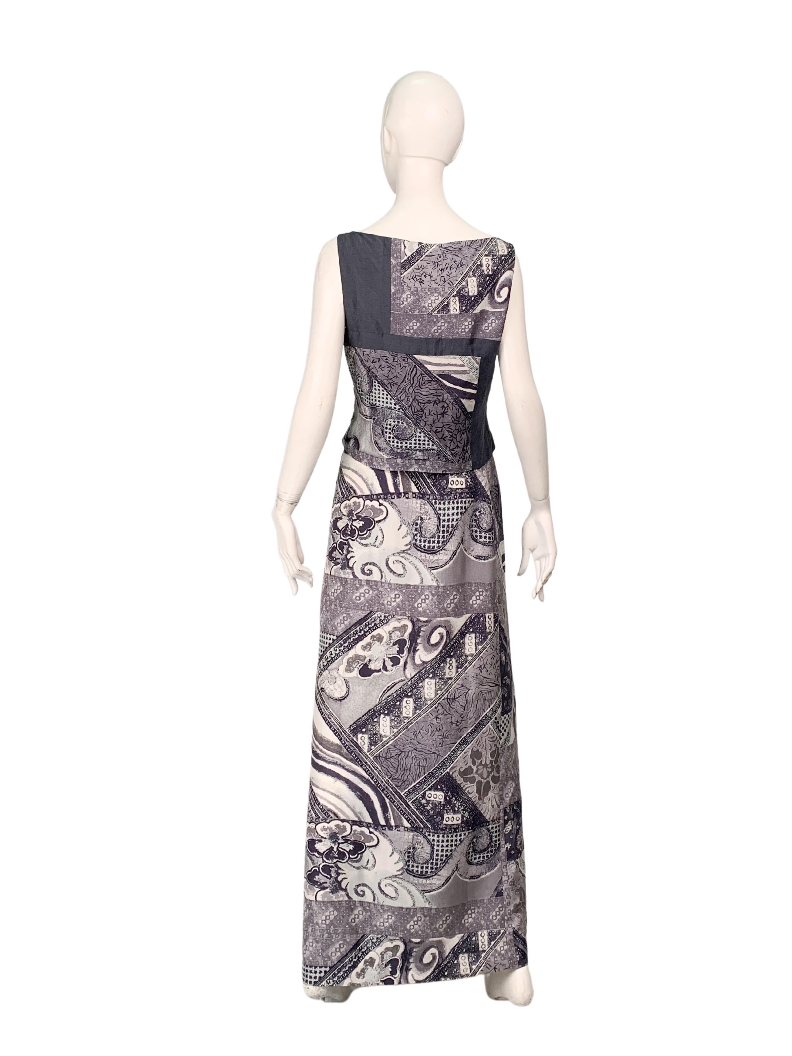 1990s Kenzo Jungle 100% silk metallic grey printed skirt and top ensemble 1