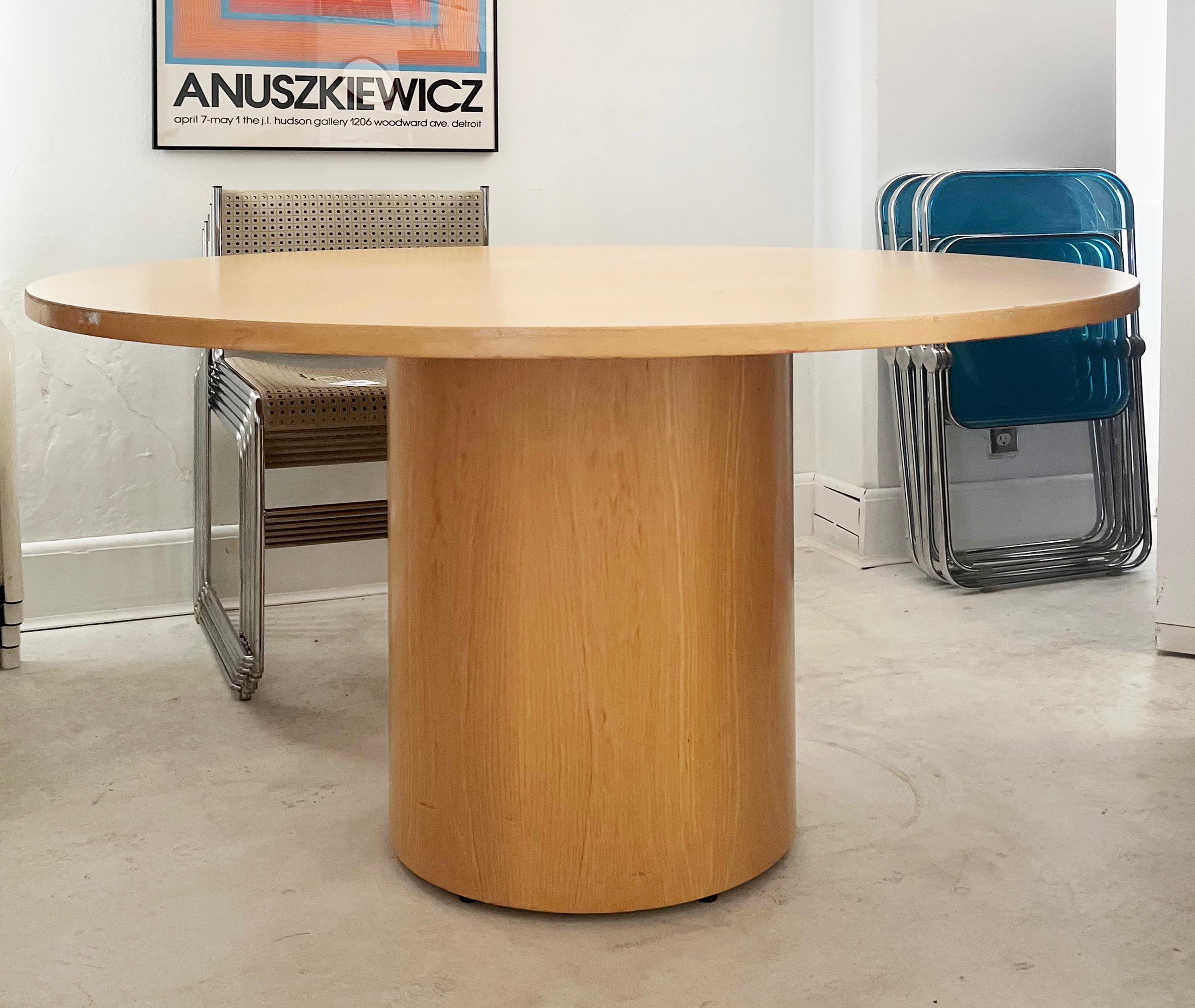 2000s Knoll Reff Round Oak Bamboo Drum Pedestal Dining Table Beveled Glass Top 6