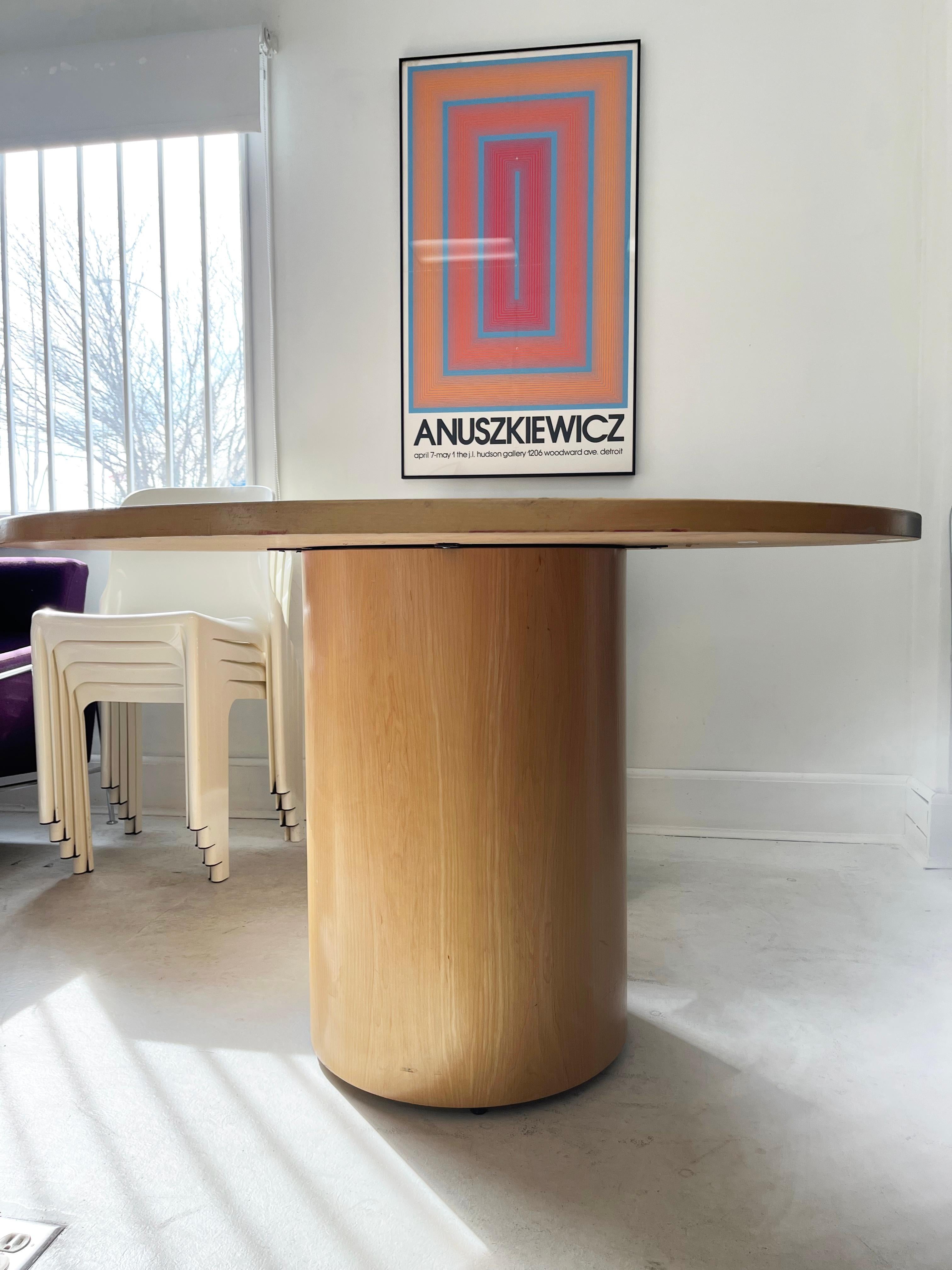 American 2000s Knoll Reff Round Oak Bamboo Drum Pedestal Dining Table Beveled Glass Top