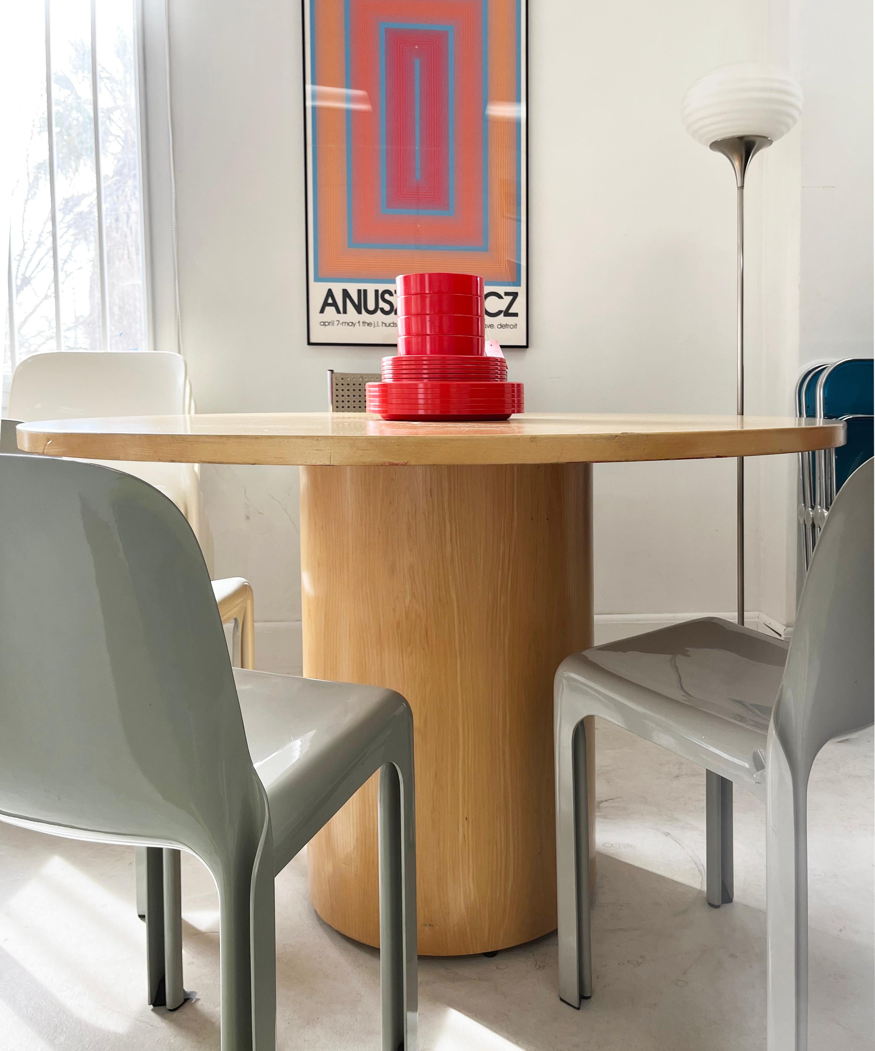 Laminated 2000s Knoll Reff Round Oak Bamboo Drum Pedestal Dining Table Beveled Glass Top
